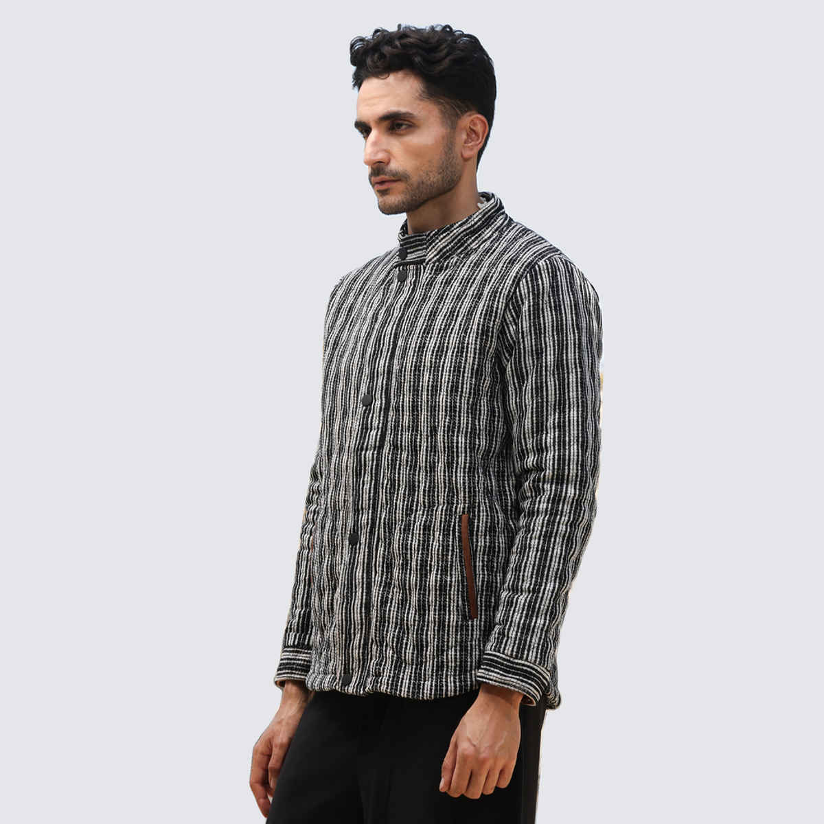 Campus Sutra Men's Multitrack Striped Quilted Jacket | Carbon Black & Chalk White - S