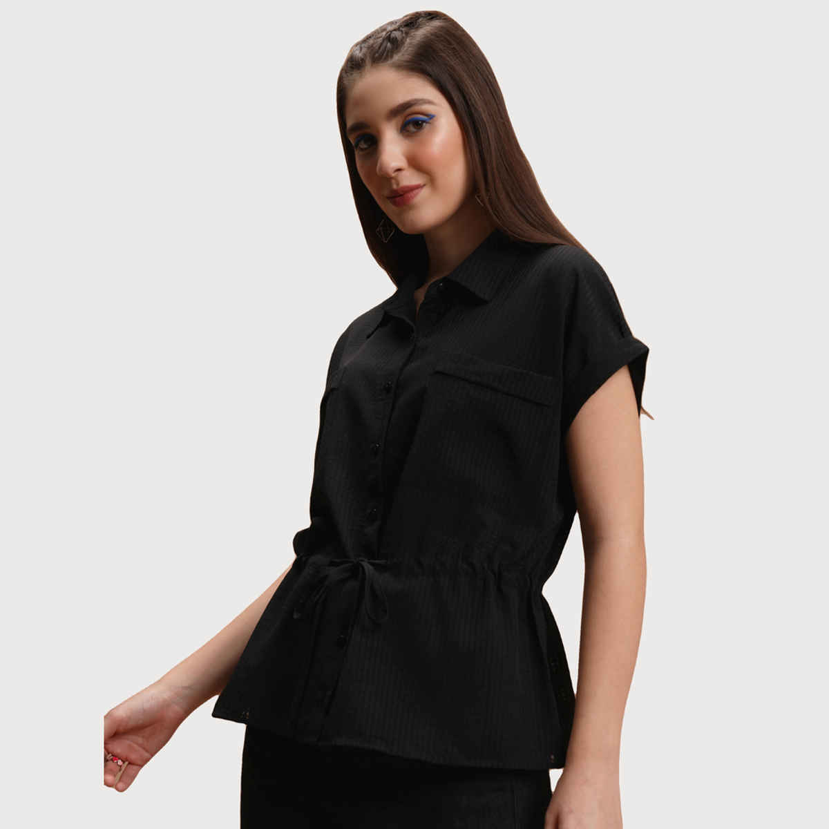 Tokyo Talkies Women's Striped Extended Sleeves Tie Ups Shirt Style Top | Black - M