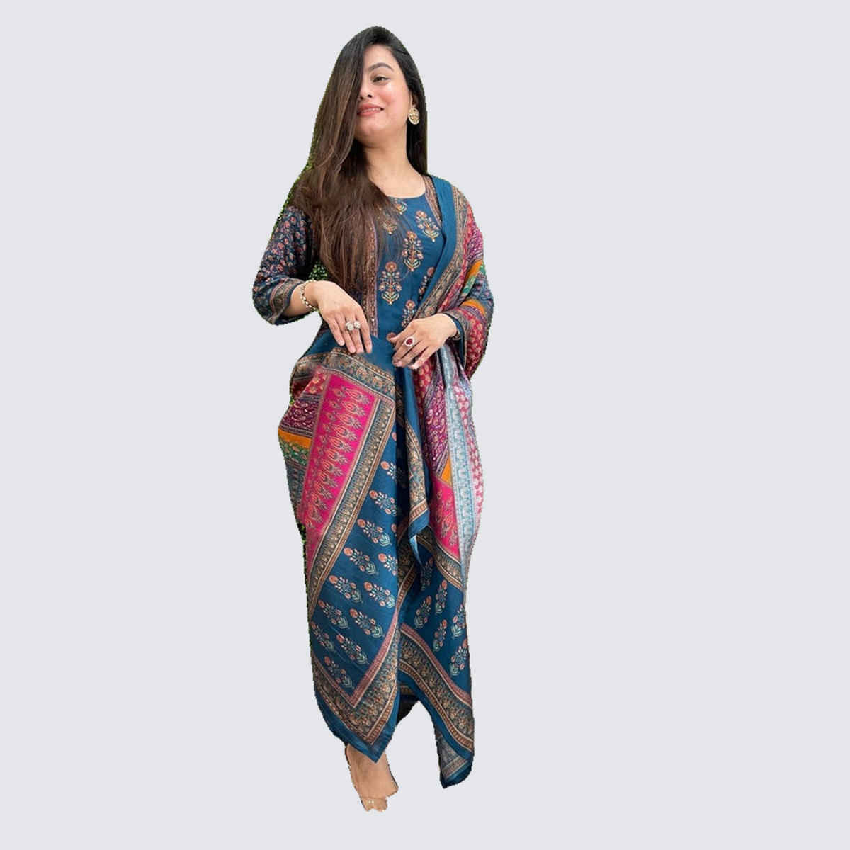 GoSriKi Women's Rayon Blend Straight Printed Kurta with Pant & Dupatta | SULA | Multi - M