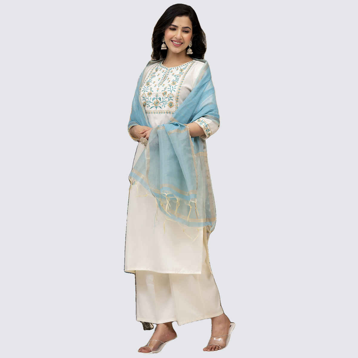 Vishudh Women's Embroidered Panel Straight Kurta with Palazzo & Dupatta | PVK3000003 | Cream - L