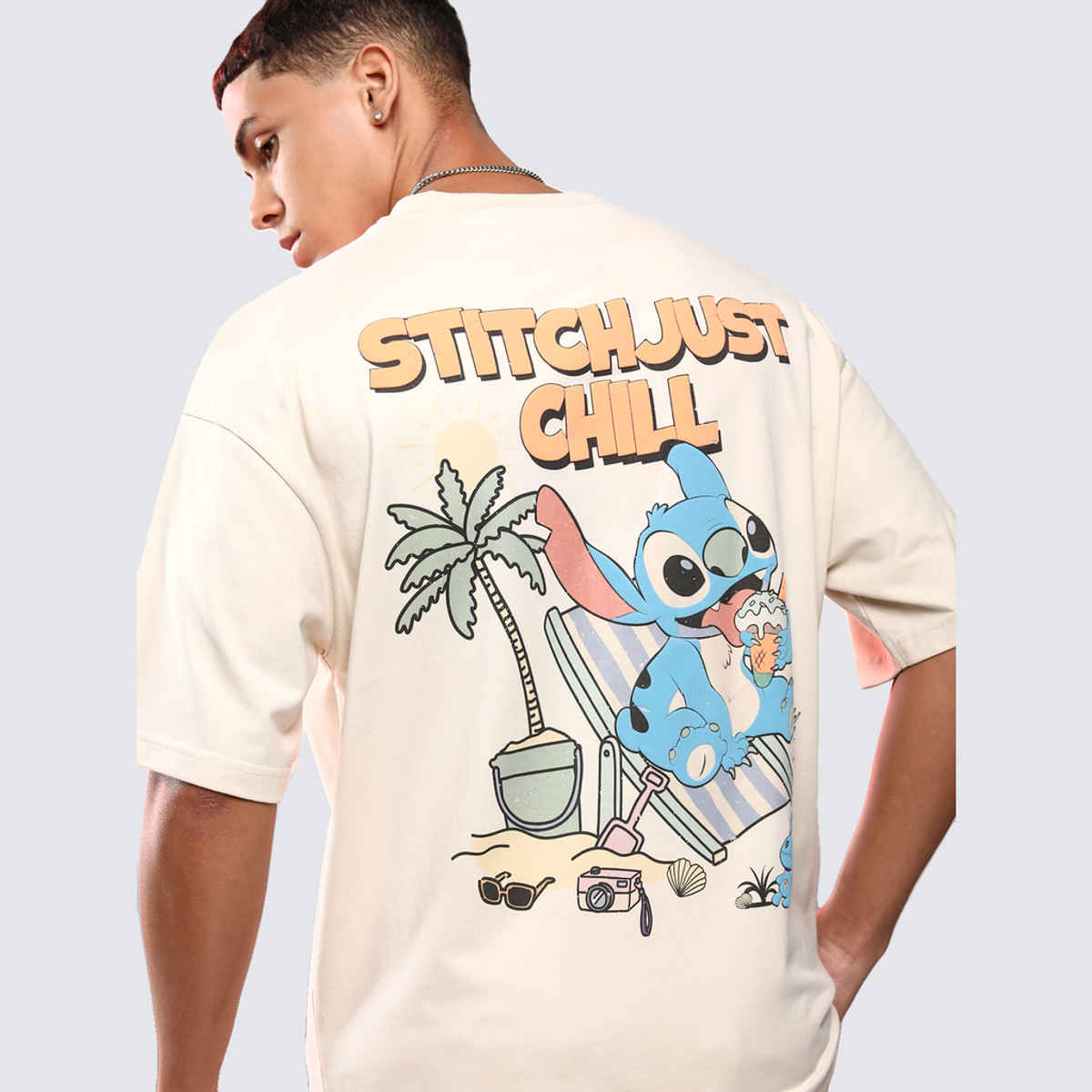 Highlander Men's Disney Stitch Printed Oversized Short Sleeve Drop Shoulder T-shirt | Cream - XS