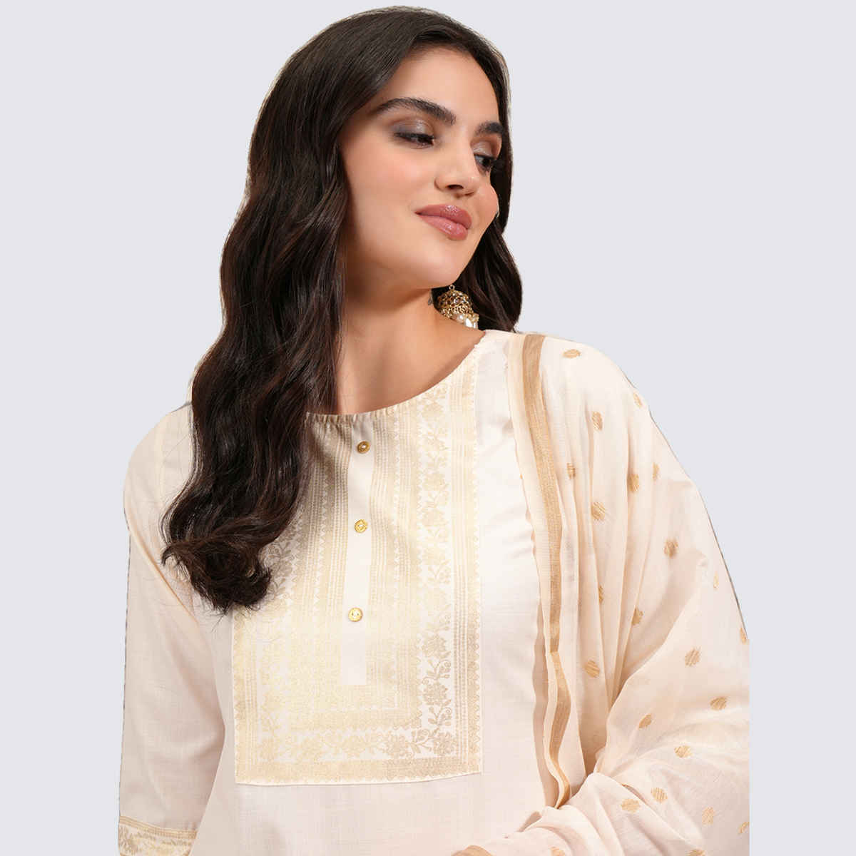 Vishudh Women's Foil Print Straight Kurta with Cropped Palazzo with Dupatta | PVK3000037 | Cream -M