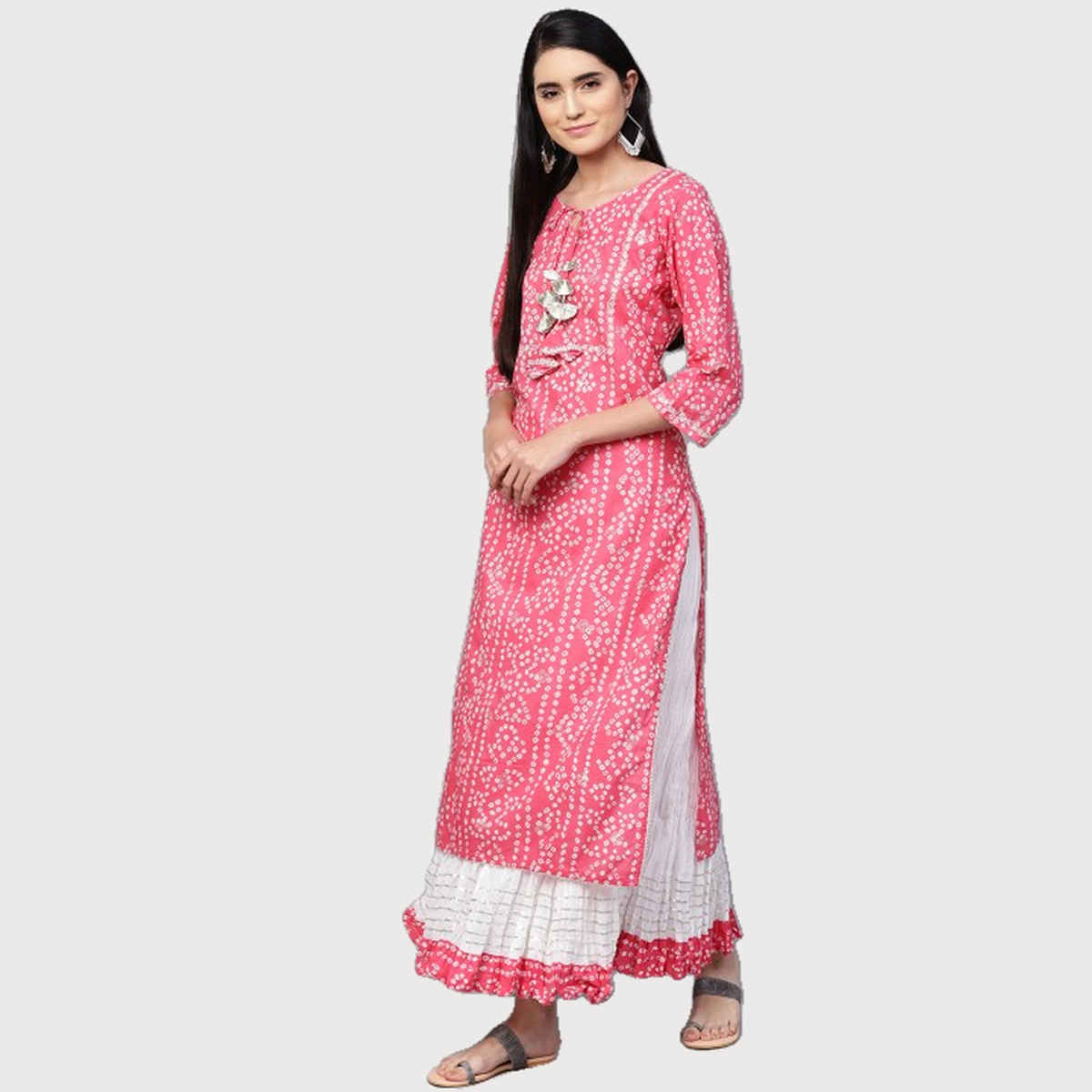 Ishin Women's Kurta with Skirt Bandhani Cotton | Pink - S