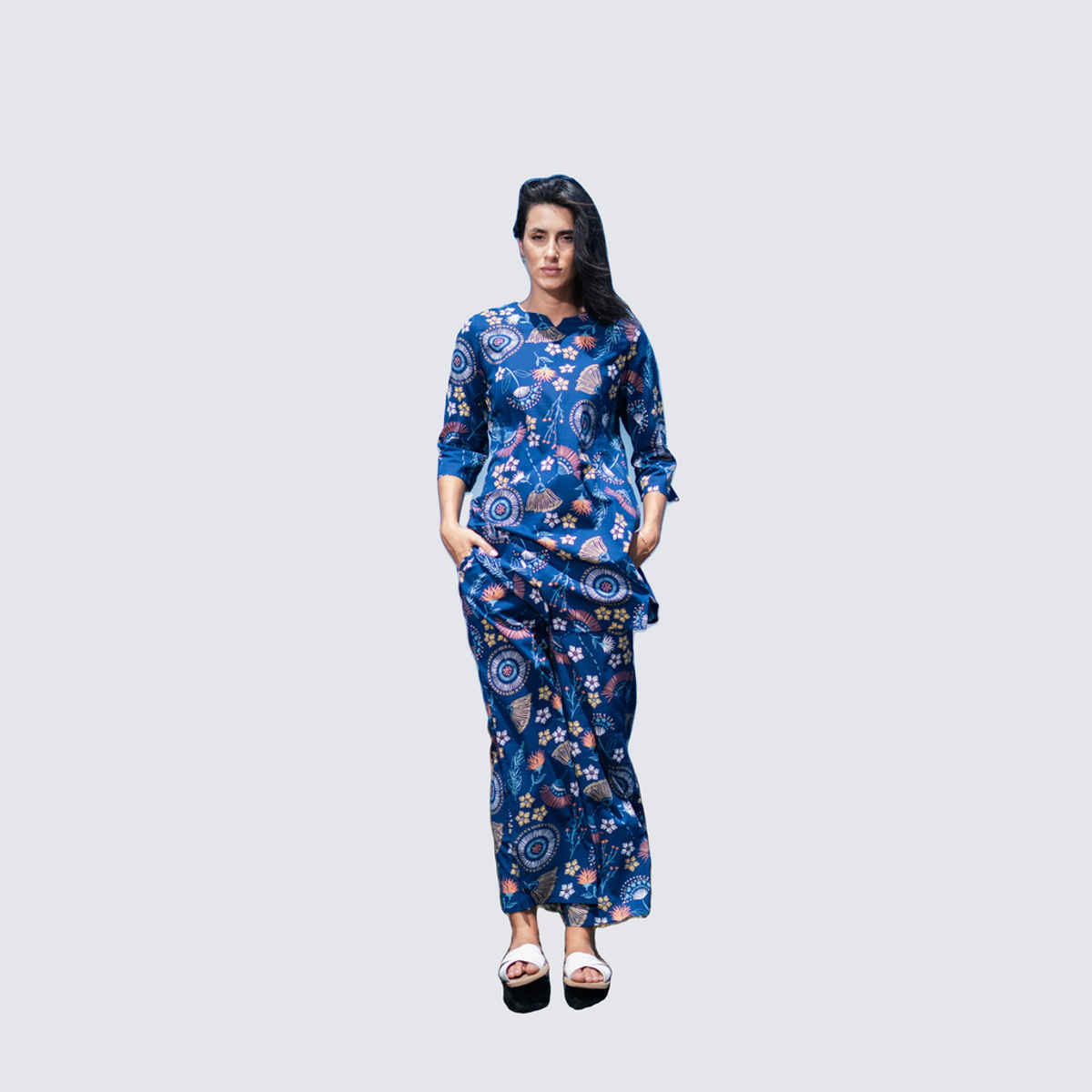 Sanskrutihomes Ethnic Motif Pure Cotton Top & Trouser Co-Ord Set | Navy Blue - M