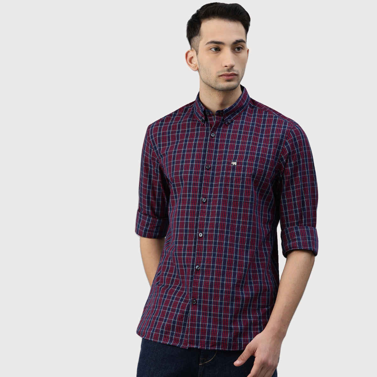 The Bear House Men Slim Fit Checked Button-Down Casual Shirt - Aliston | Red | S