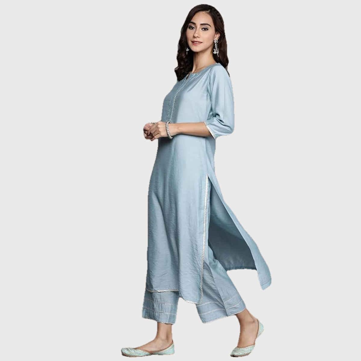 Libas Women Grey Silk Kurta And Grey Palazzo With Teal Blue Silk Dupatta - 20203OXL