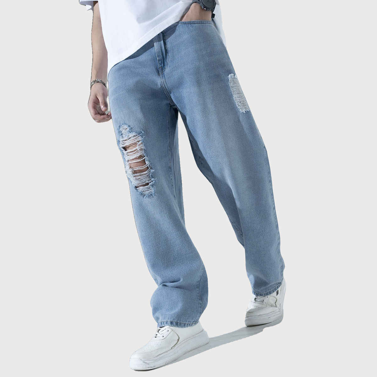 Hubberholme Men's Slash Knee Pure Cotton Relaxed Fit Jeans | Blue - 34