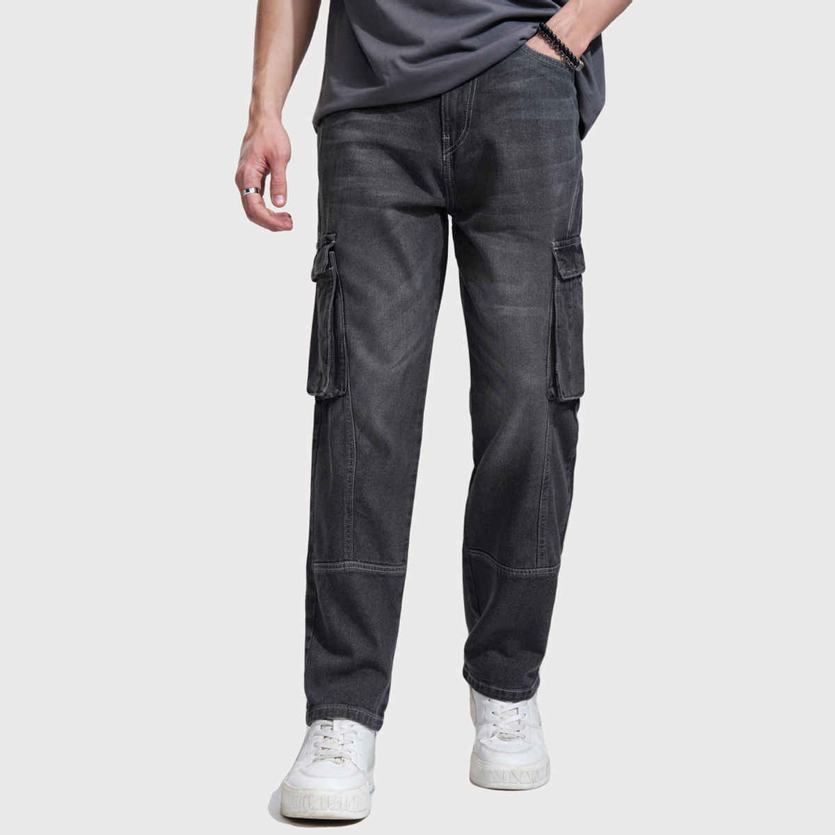 Highlander Men's Charcoal High Rise Straight Fit Cargo Jeans | Grey - 32