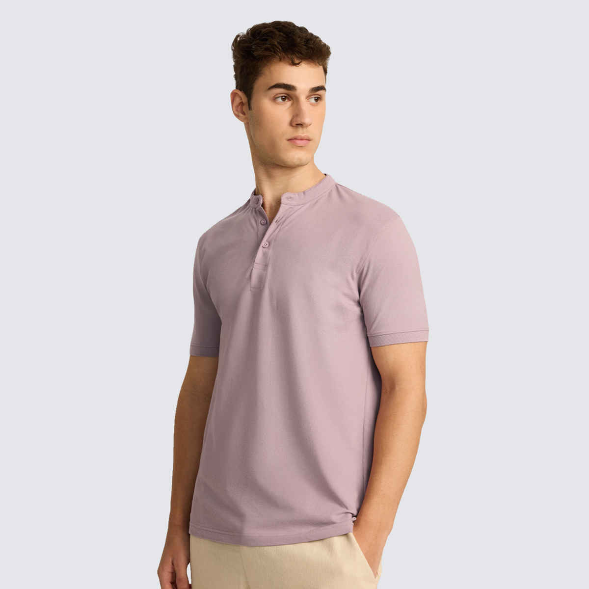 The Souled Store Men's Regular Solids Mandarin Polo | Purple | XL