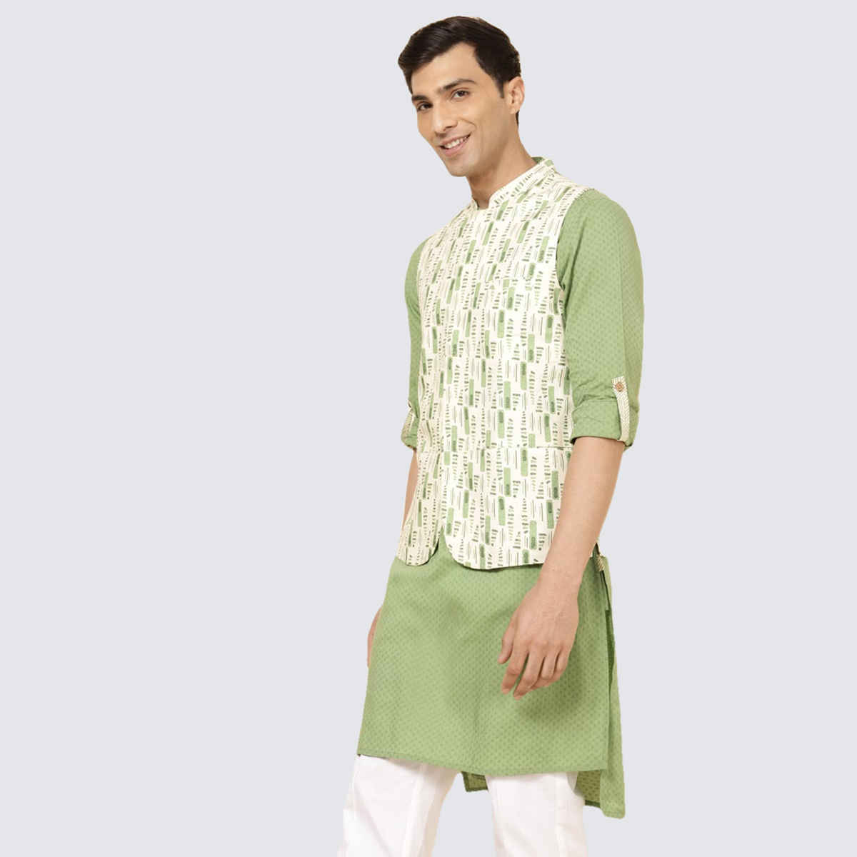 Fabindia Men's Nehru Jacket Tribal Printed Slim Fit | Green - M