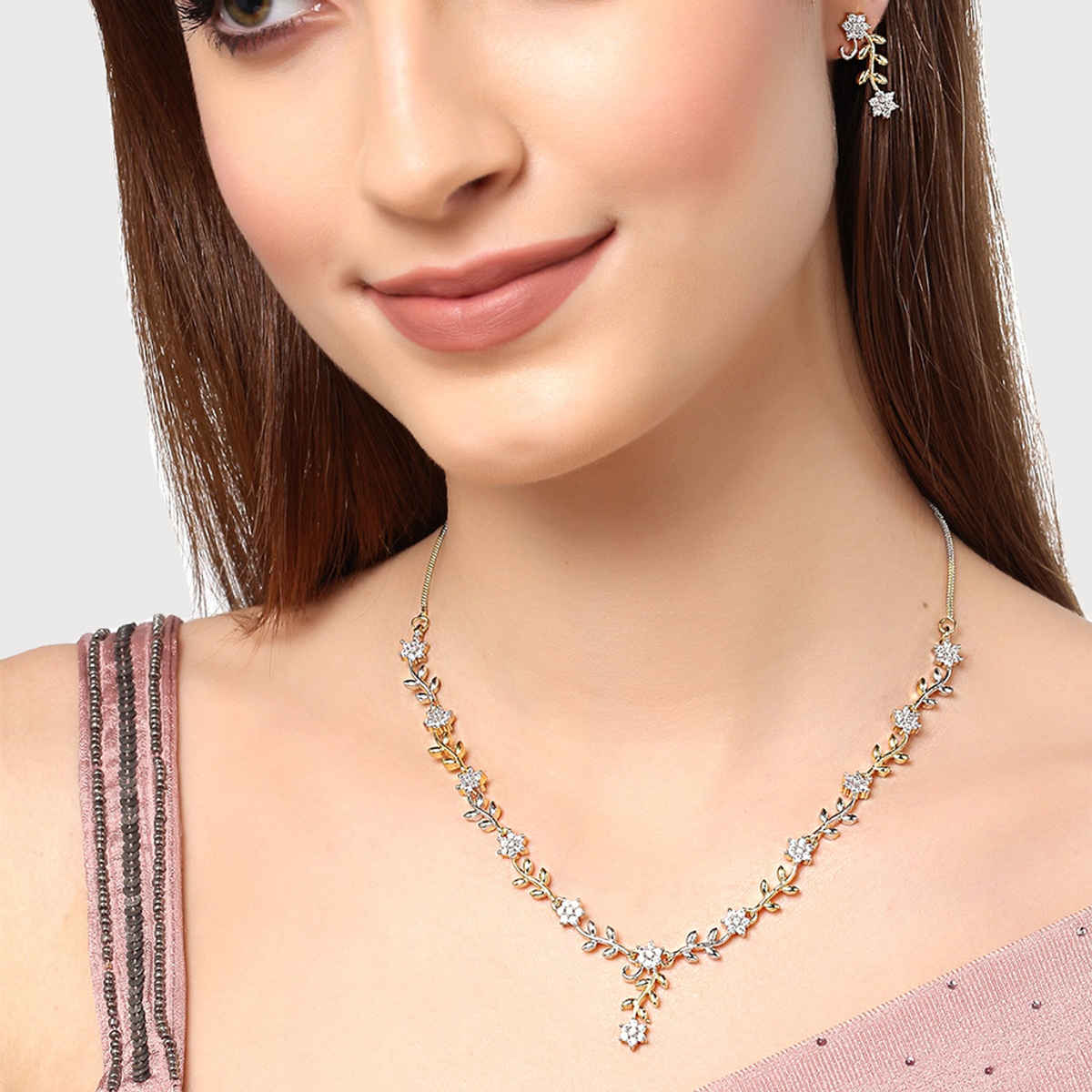 Zeneme Gold-Plated Silver-Toned White AD-Studded Leaf & Flower Shaped Jewellery Set For Women