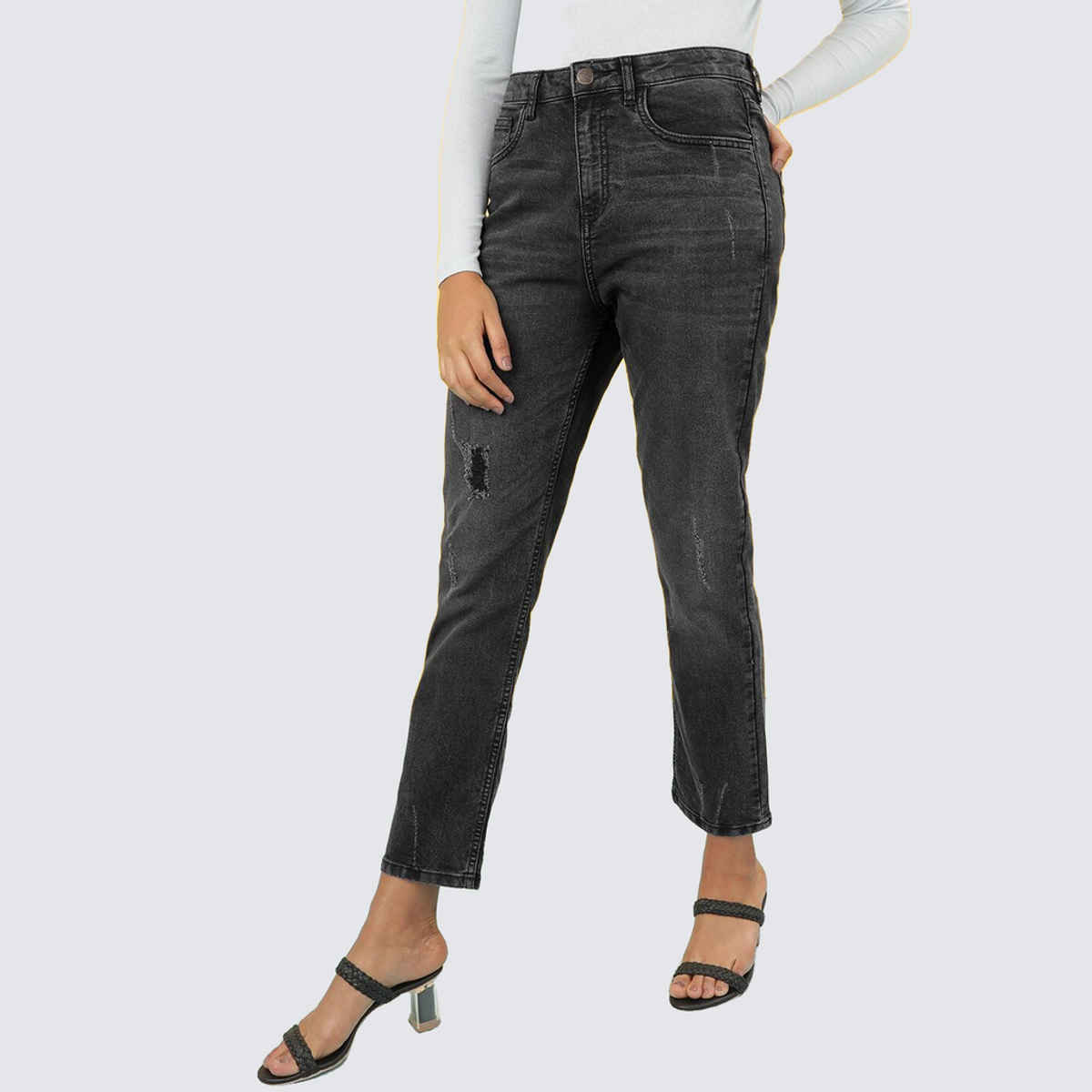 Freehand Women's Distressed Straight Fit Jeans | Grey - 32