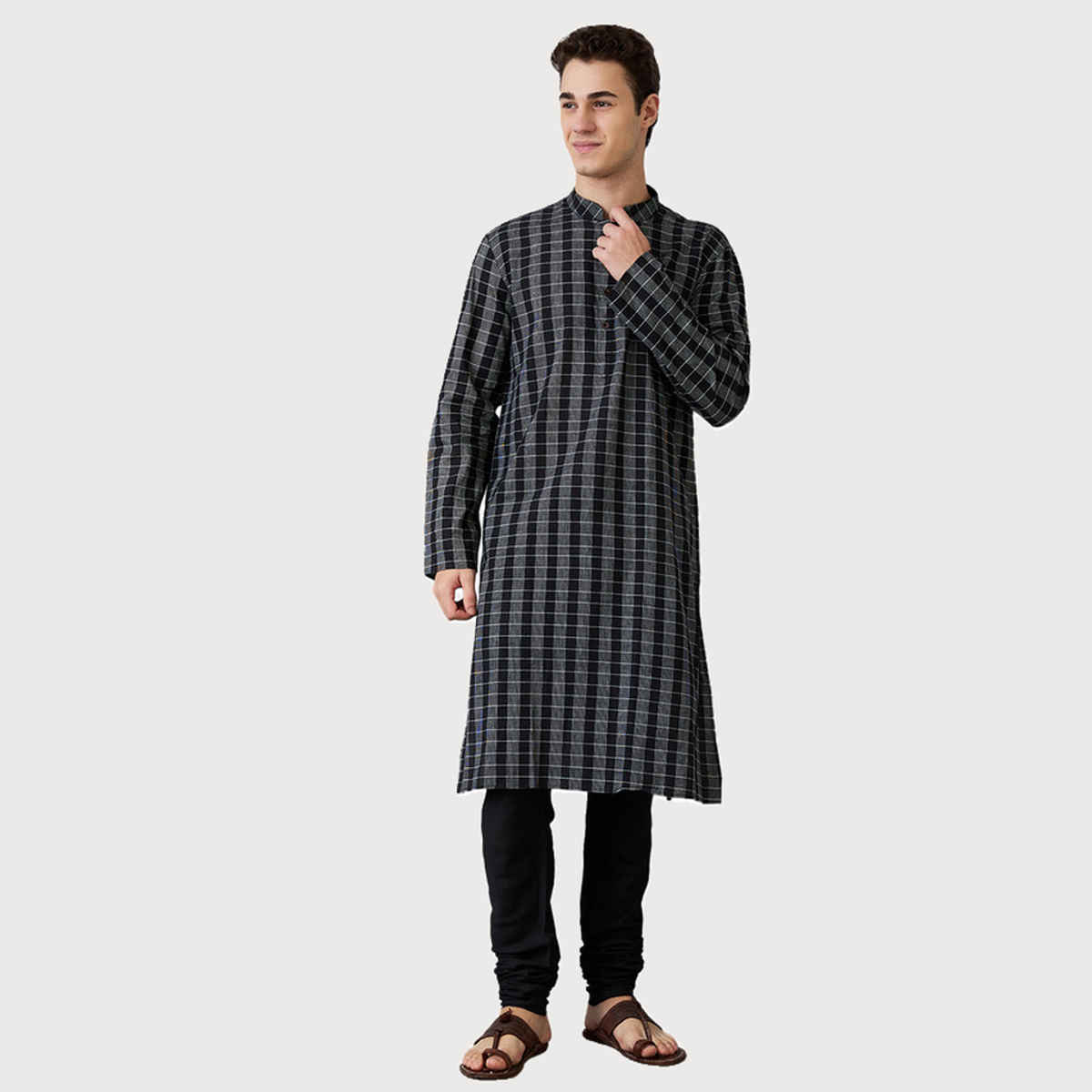 Ethnix by Raymond Men's Fit Pure Cotton Full Sleeve Stand Collar Kurta | Black - 2XL