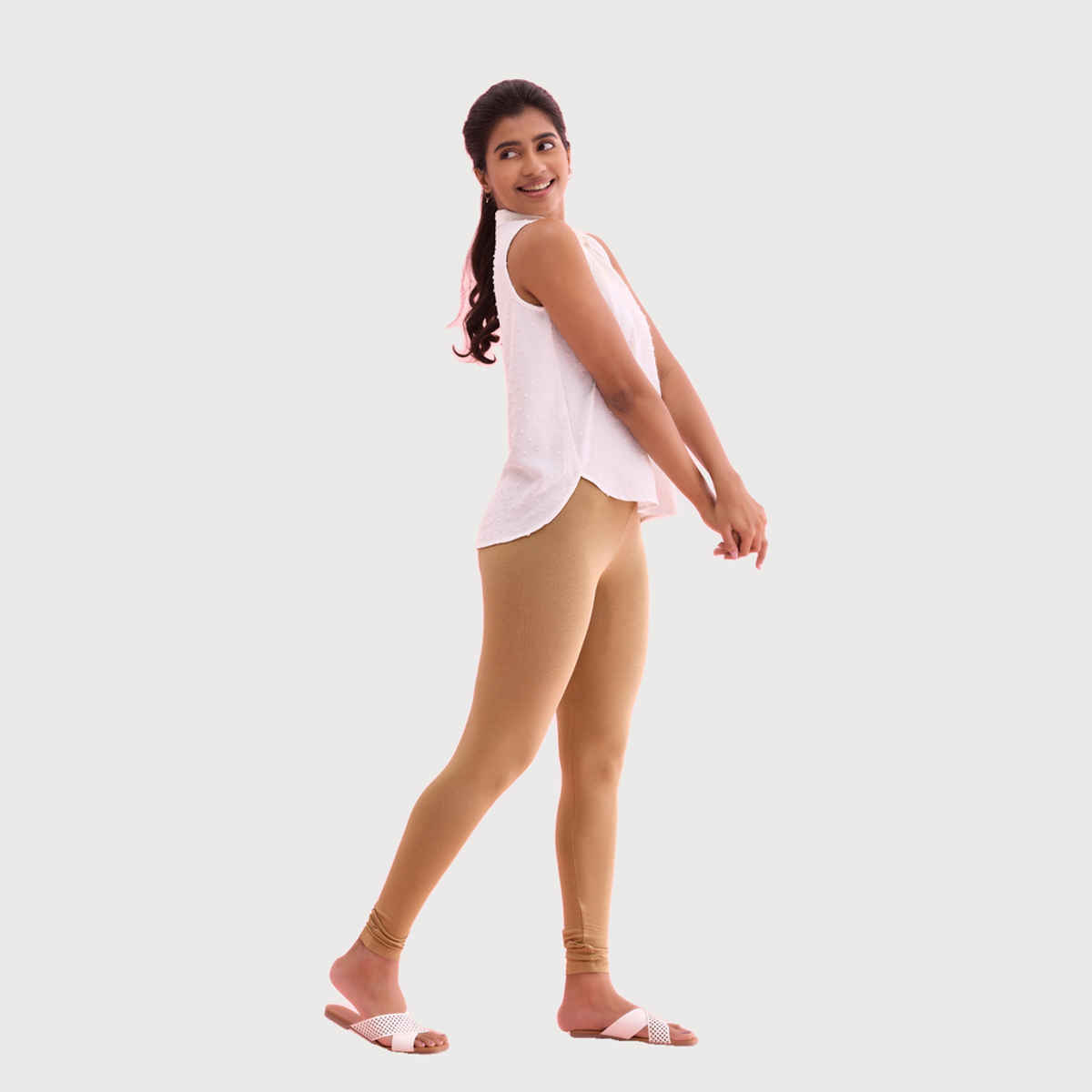 Go Colors Women's Solid Mid Rise Ankle Length Leggings | Beige - S