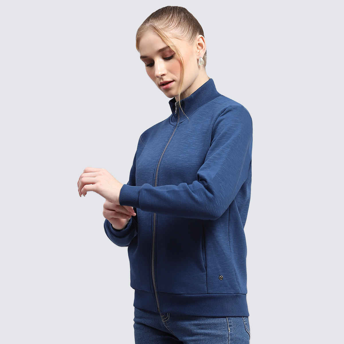 Monte Carlo Womens Solid Blue Mock Neck Full Sleeve Sweatshirt | 22408624-4-42 | XXL