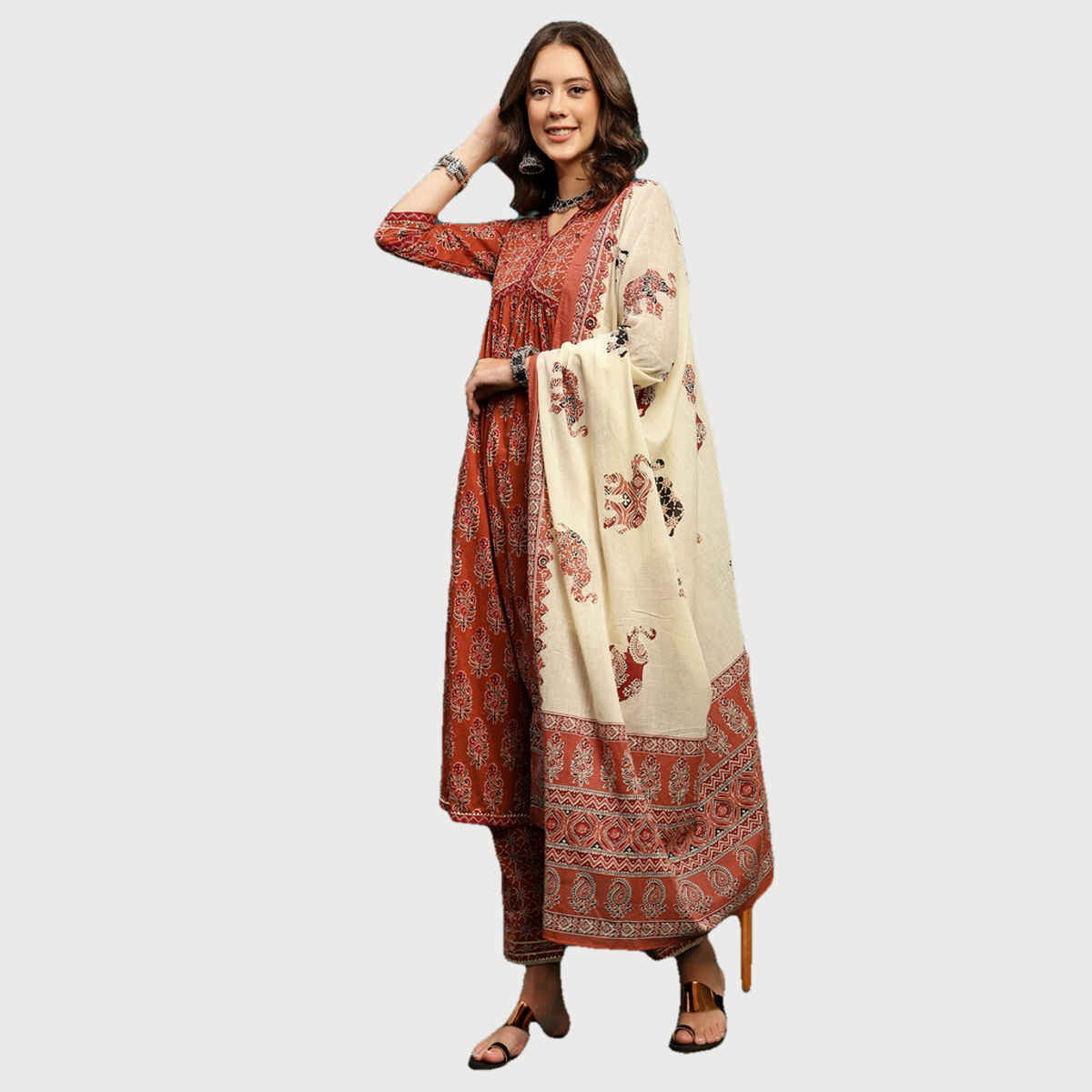 Bandia Women's Floral Anarkali Kurta Trouser Set with Mulmul Dupatta | BANKS0235 | Brown | XL