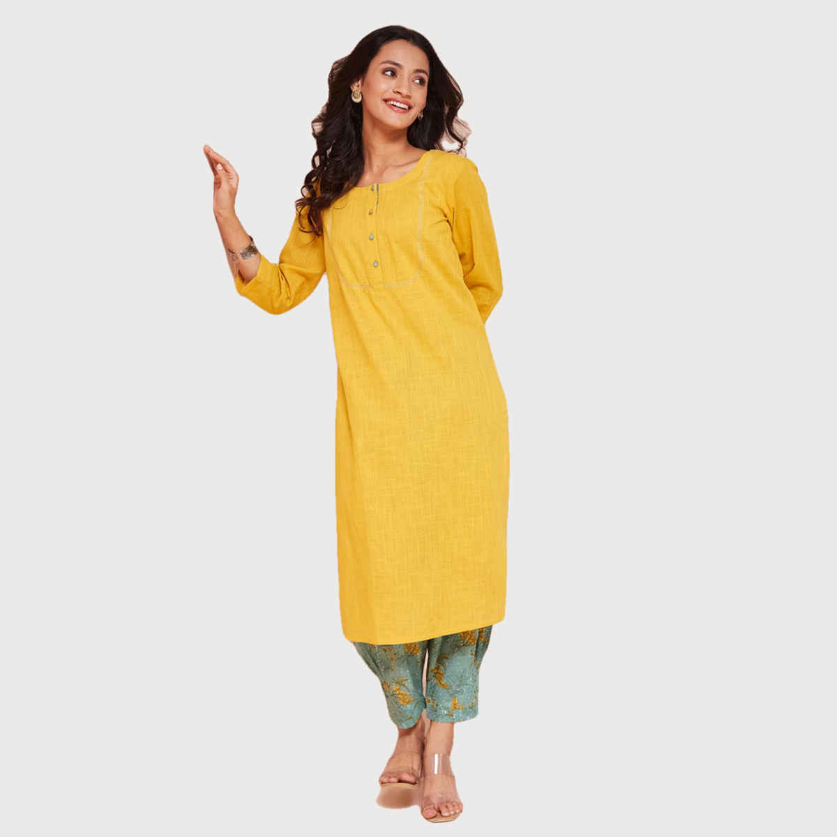 Fabindia Women's Kurta & Salwar Set Regular Fit | Yellow - L