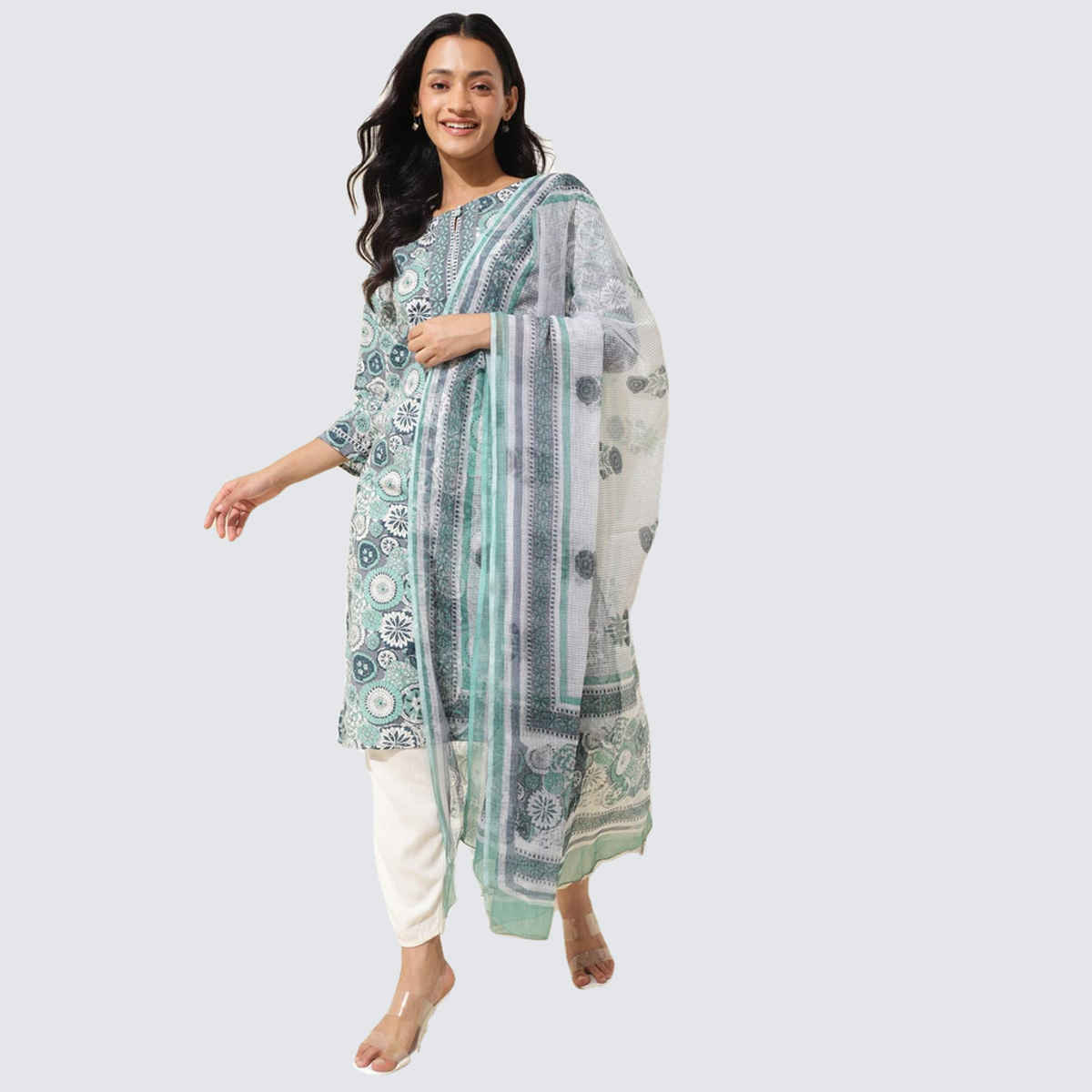 Fabindia Women's Dupatta & Kurta Set Cotton Printed | Blue - L