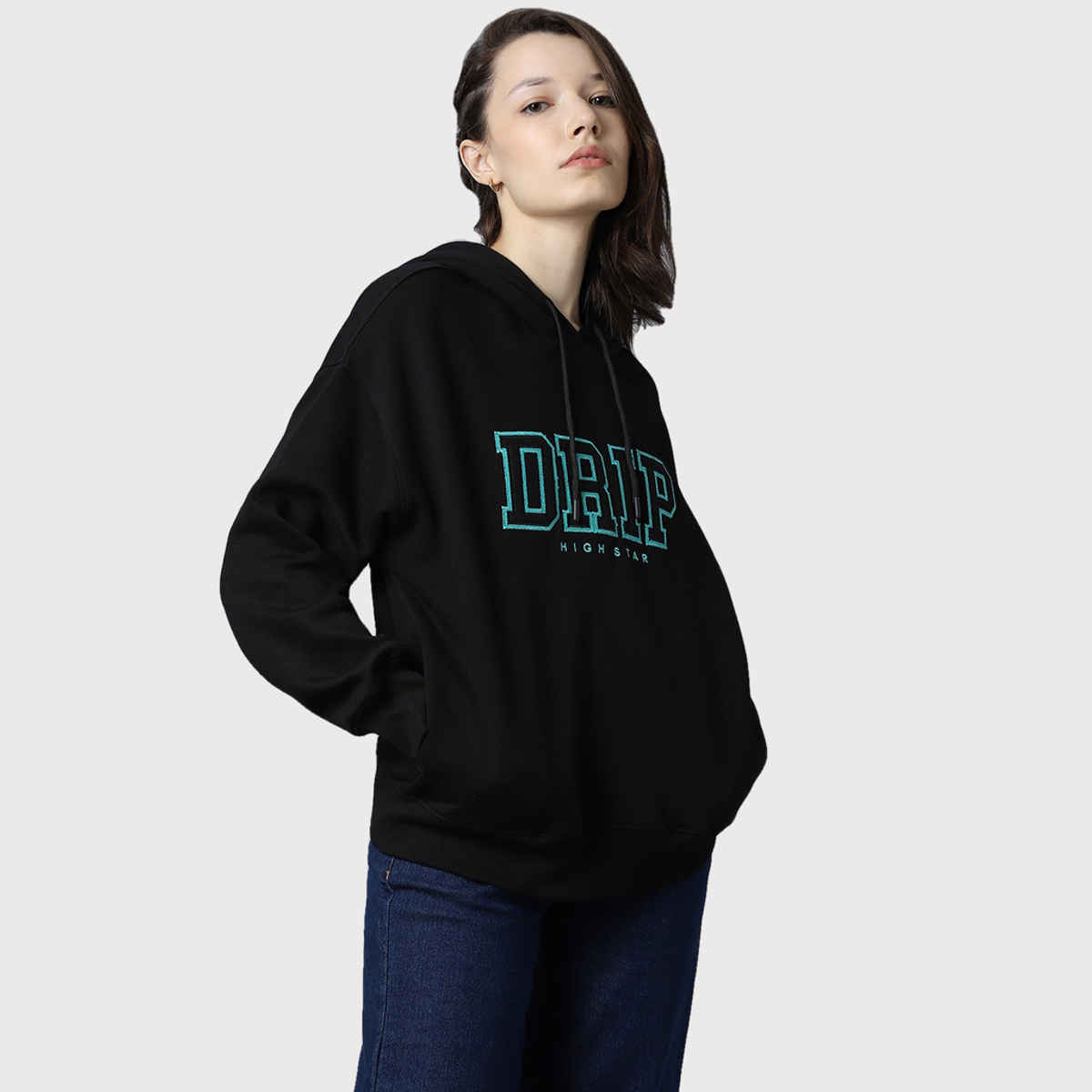 High Star Women's Typography Printed Hooded Pullover Sweatshirt | Black - S