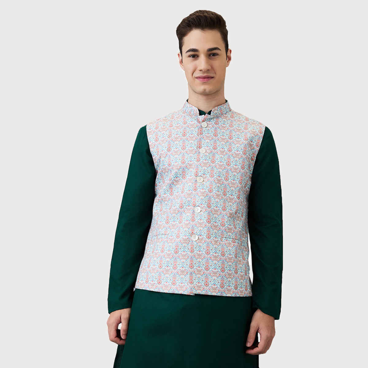 Ethnix by Raymond Men's Regular Fit Poly Cotton Blend Print Stand Collar Bundi | Light Blue - L