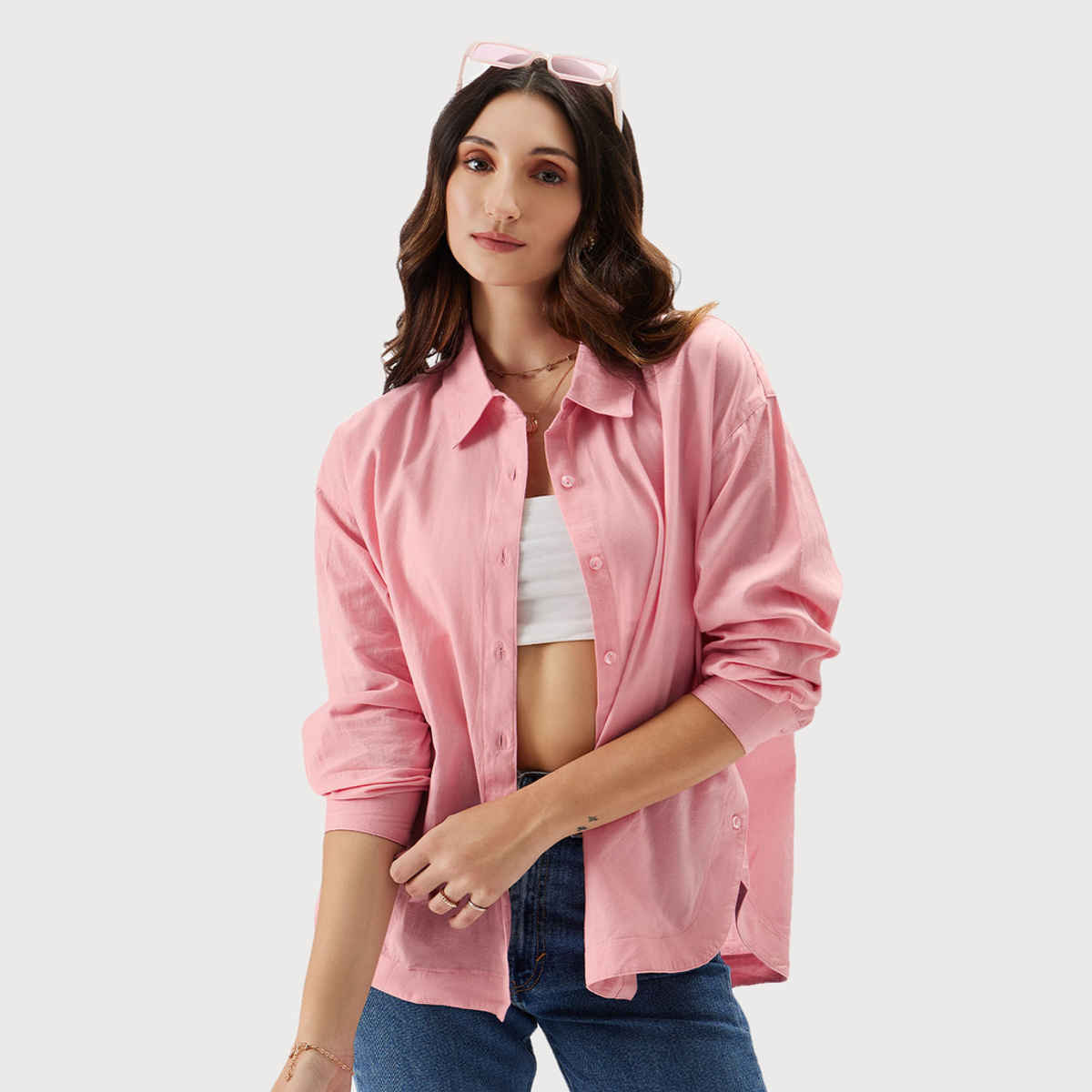 The Souled Store Women's Cotton Linen Boyfriend Shirt | Pink - L