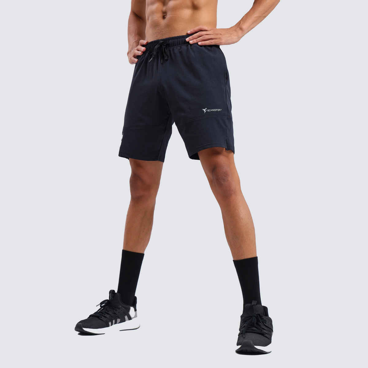 Technosport Men Poly Solid Relax Fit Sports Shorts with ELASTO LITE | Black | M