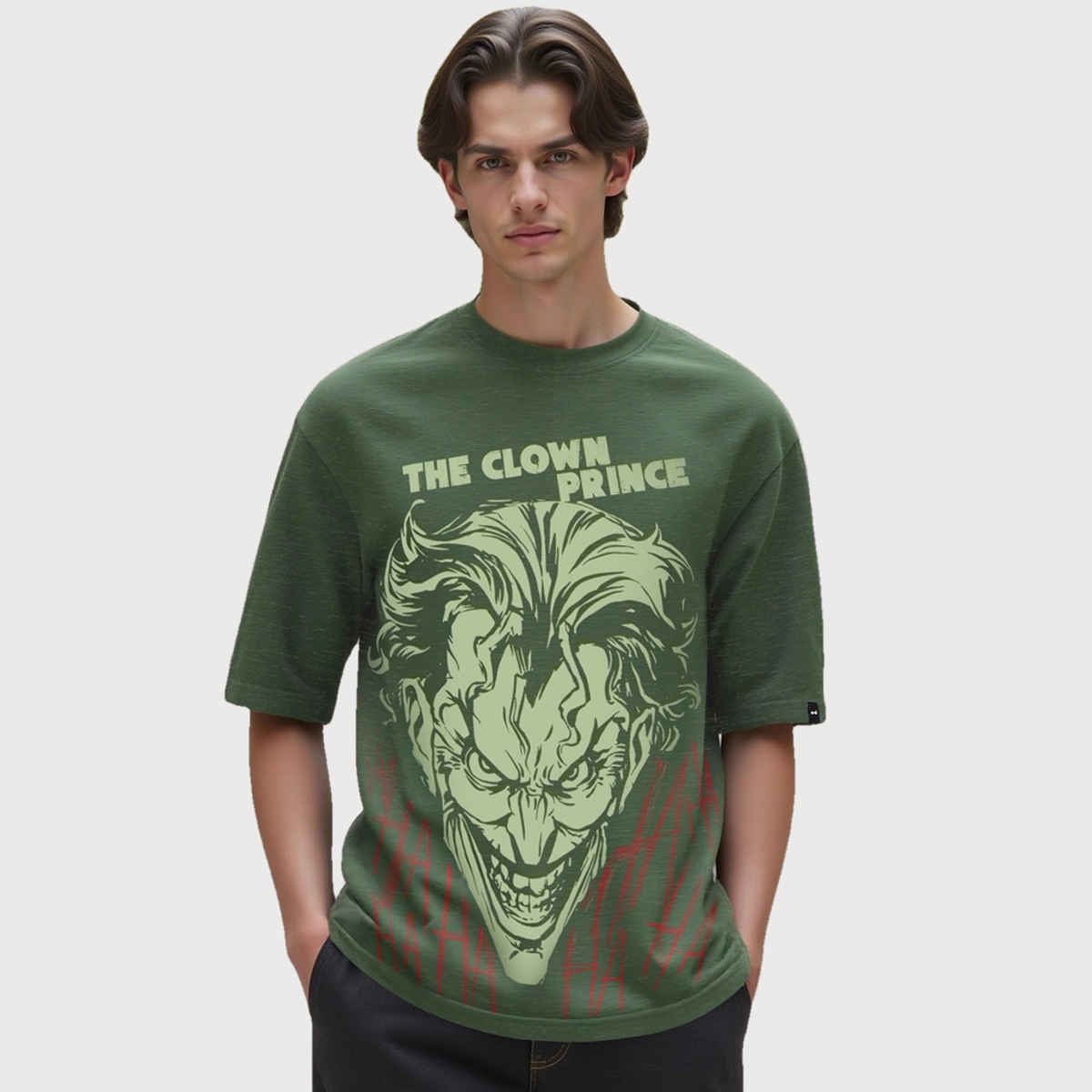 Bewakoof Men's Air 1.0 Official Crown Prince Graphic Printed Oversized T-shirt | Green - M