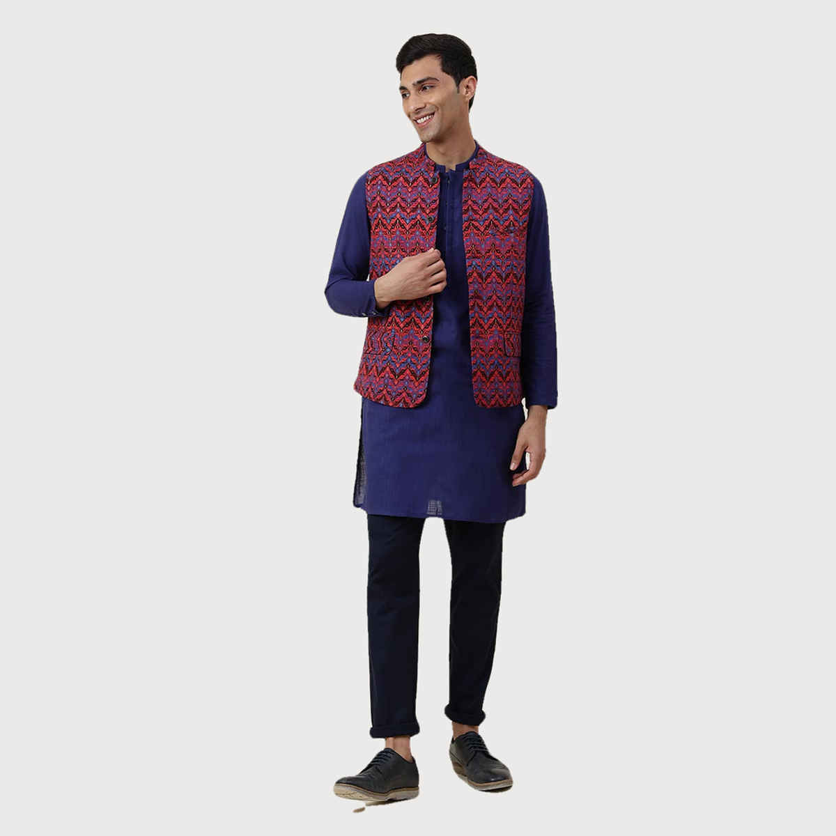 Fabindia Men's Nehru Jacket Cotton Printed Slim Fit | Maroon - S