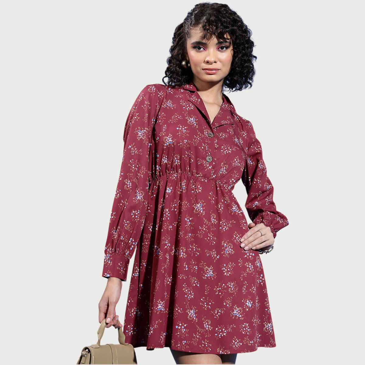 Ketch Women's Floral Printed Shirt Collar Fit & Flare Dress | Maroon | L
