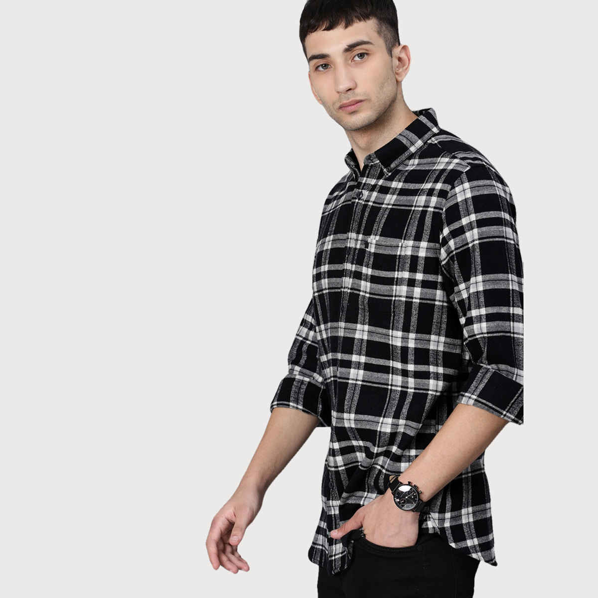 The Bear House Men Slim Fit Flannel Button-Down Casual Shirt - Tally | Black | L