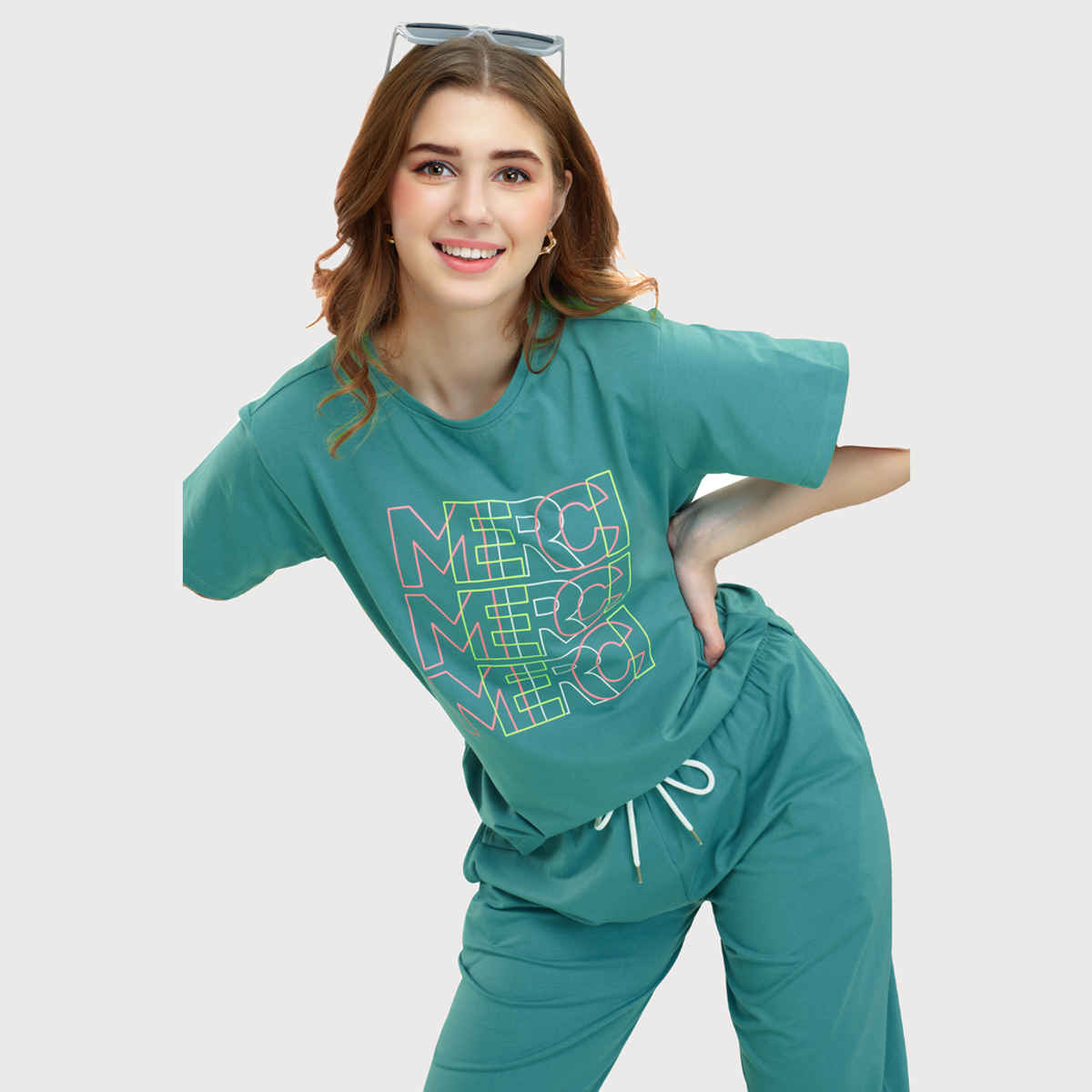 Zeyo Women's Cotton Green Typography Printed Night Suit Set of Top & Joggers | 5713-XL