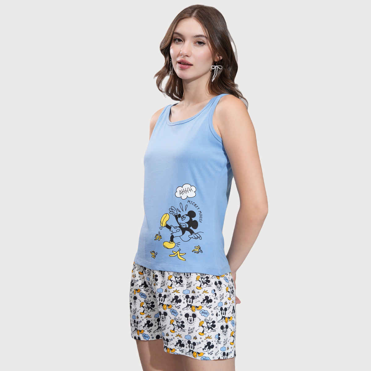 Tokyo Talkies Women's Disney Mickey Mouse Printed Sleepwear Co-Ord Set | Blue - L