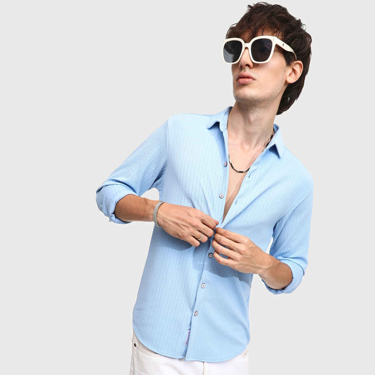 Campus Sutra Men's Stripe - Creased Shirt | Baby Blue - M