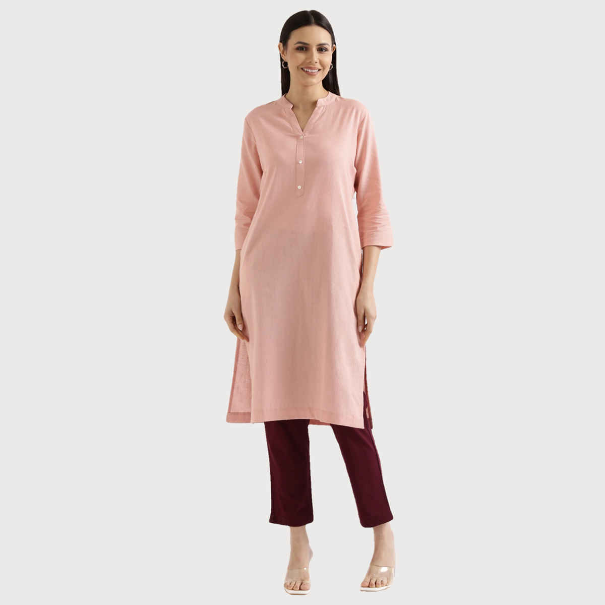 Saadaa Women's Long Airy Linen Kurta | Salmon Pink - S