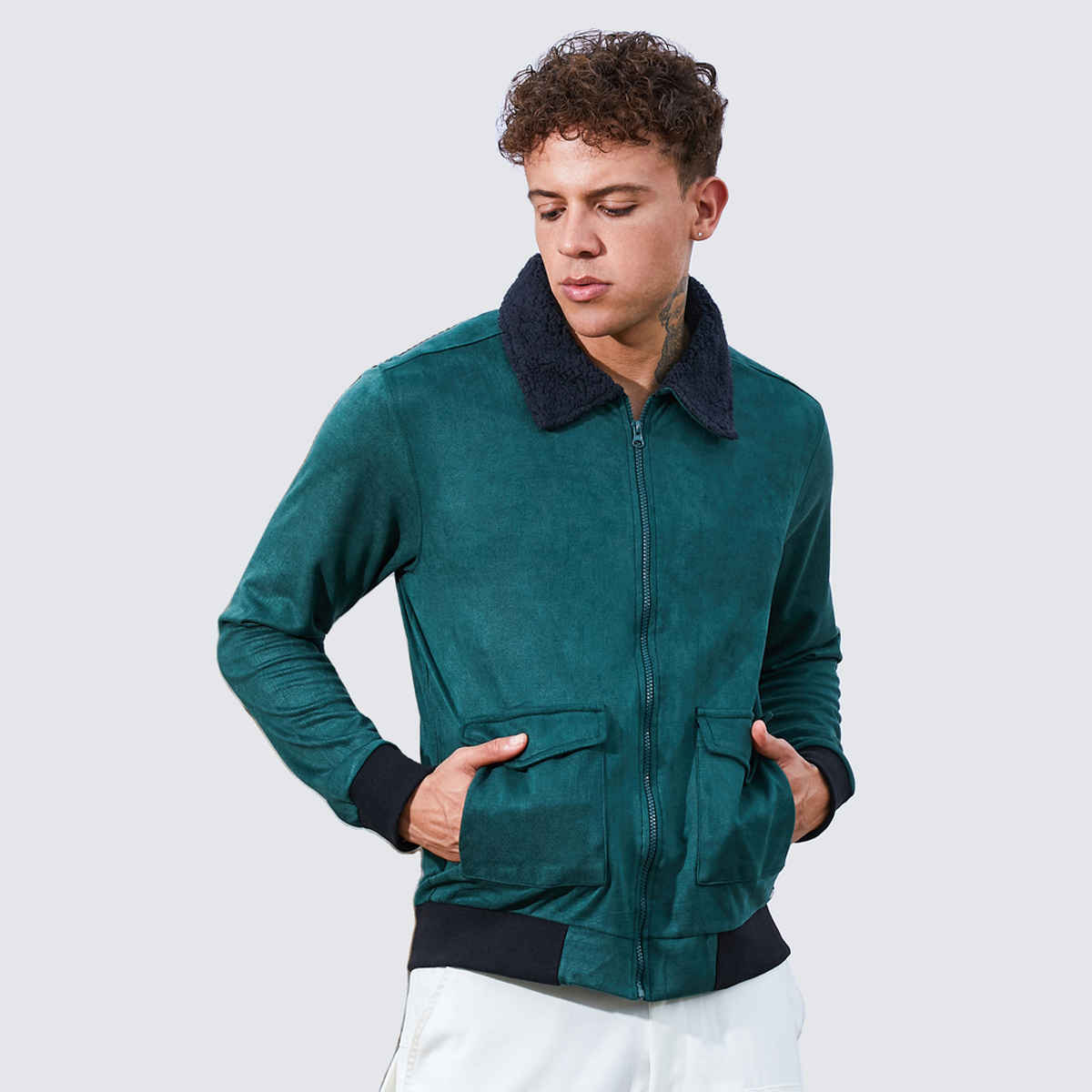 Campus Sutra Men's Zip-Front Jacket With Fleece Collar | Emerald Green - M