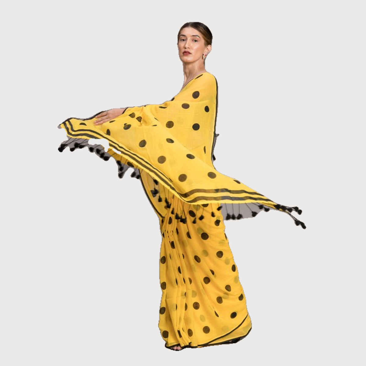 Suta Yellow and Black Polka Printed Pure Cotton Saree