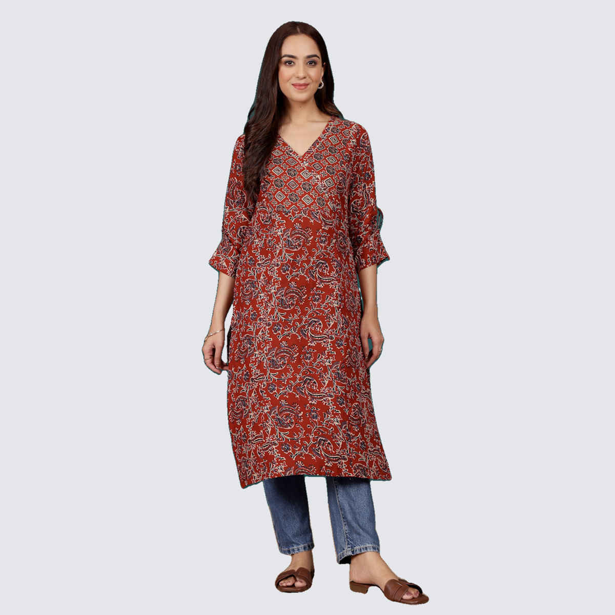 Varanga Women's Ethnic Jaipuri Printed V-Neck Fashion Sleeve Straight Kurta | Maroon - M