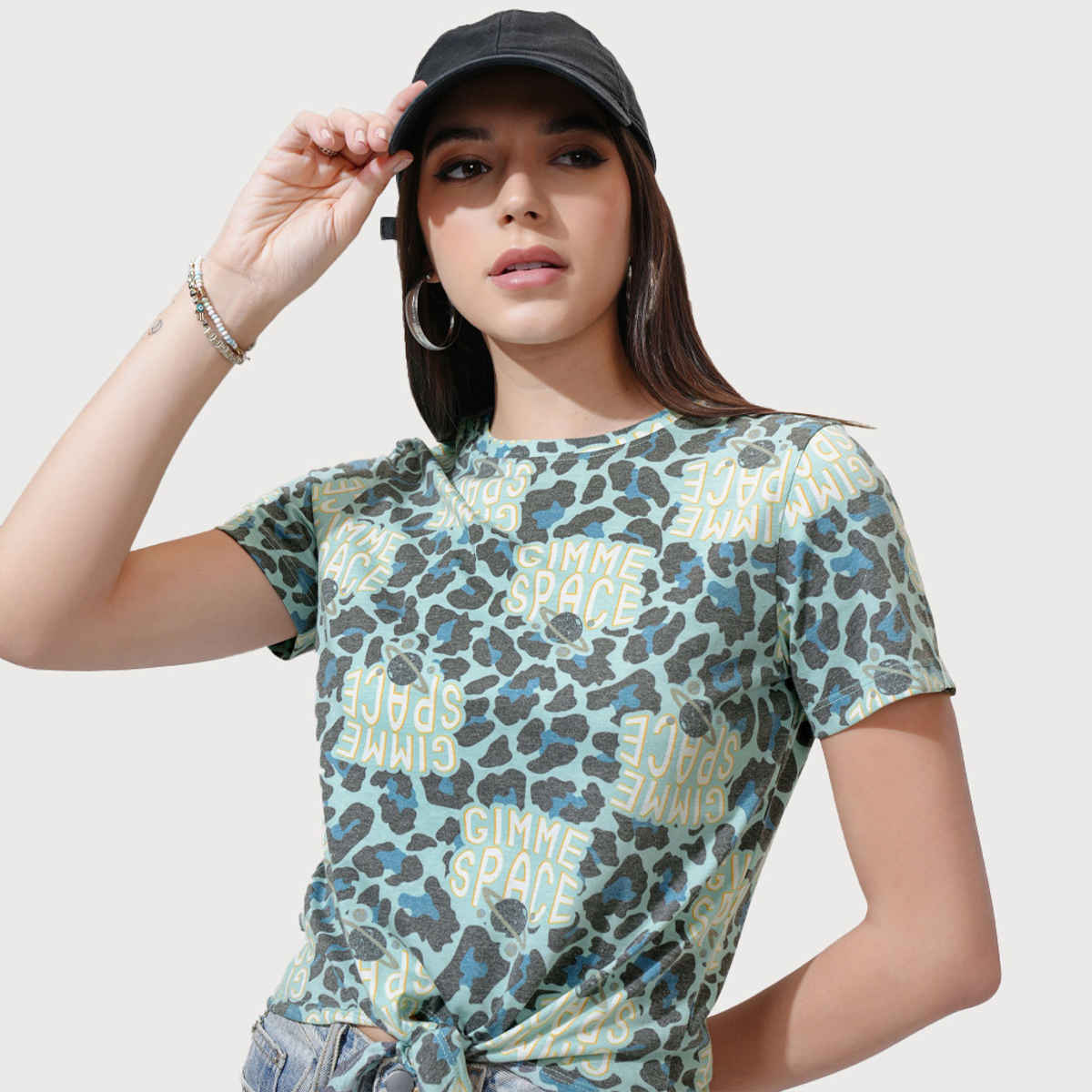 Tokyo Talkies Women's Multi Printed Cropped Front Tie Up T-shirt | Teal - S