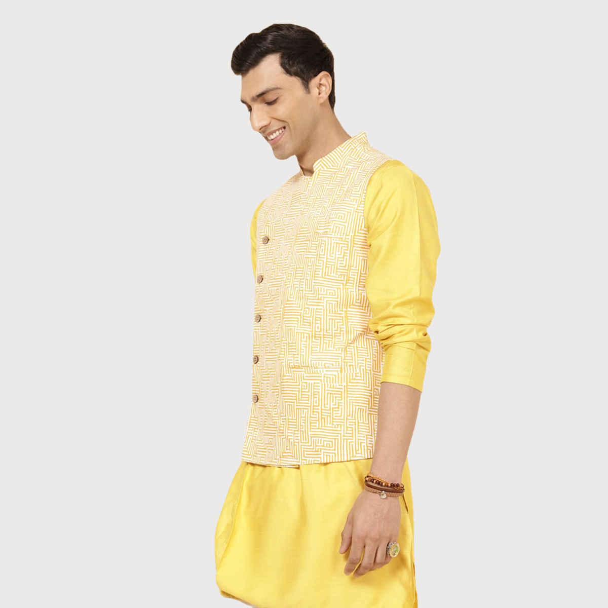 Fabindia Men's Nehru Jacket Printed Slim Fit | Yellow - L