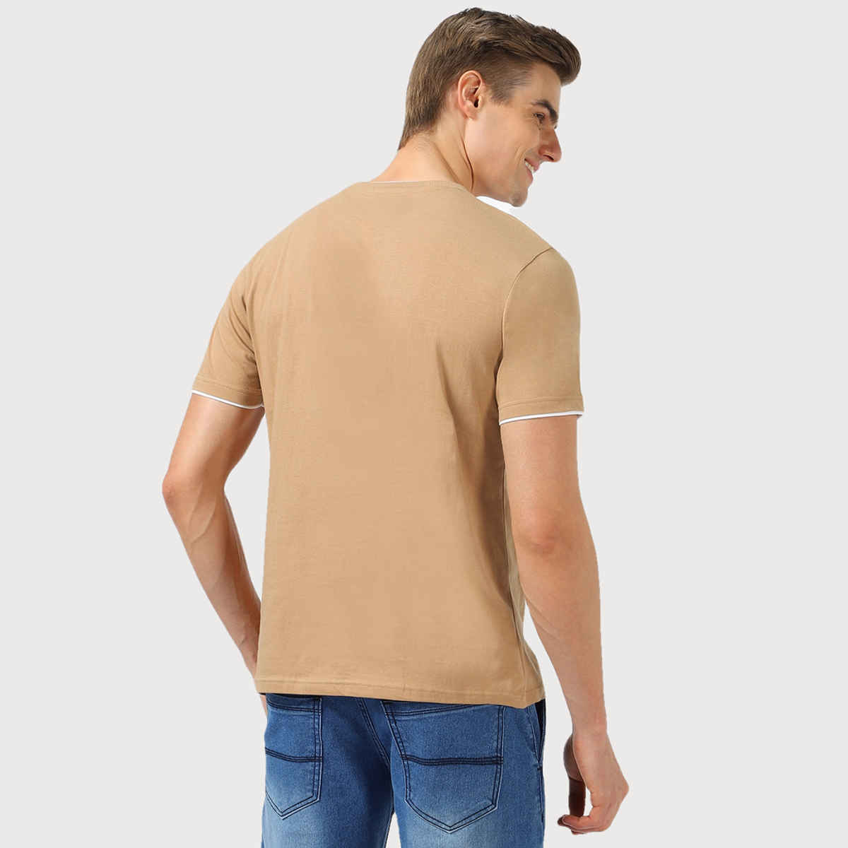 Urbano Fashion Men's Slim Fit Solid Round Neck Half Sleeve Cotton T-Shirt | Khaki - L