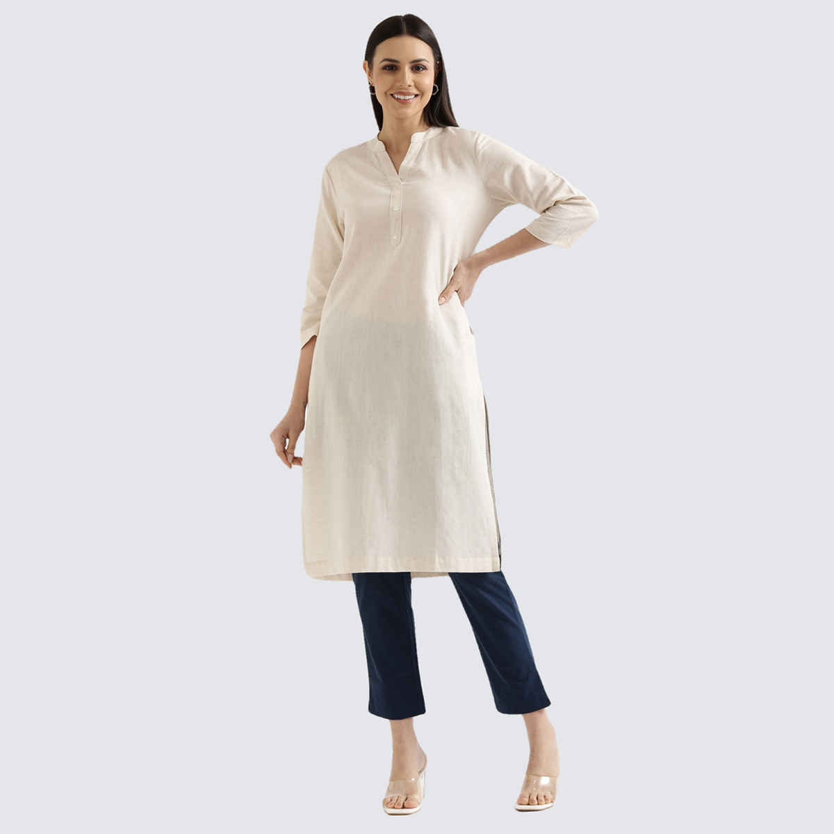Saadaa Women's Long Airy Linen Kurta | Ecru - L
