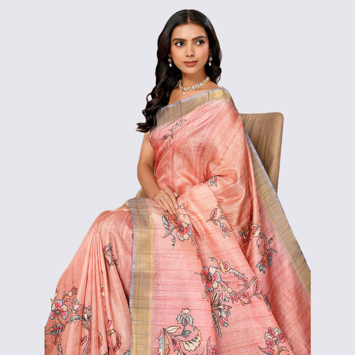 Janasya Women's Chanderi Silk Floral Printed Saree with Blouse Piece | SAR509 | Peach