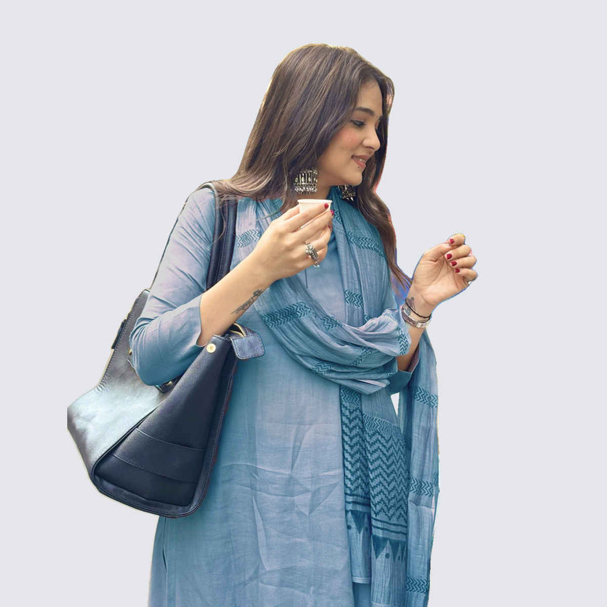 GoSriKi Women's Viscose Rayon Straight Solid Kurta with Pant & Dupatta | RAJA SAAB | Blue - M