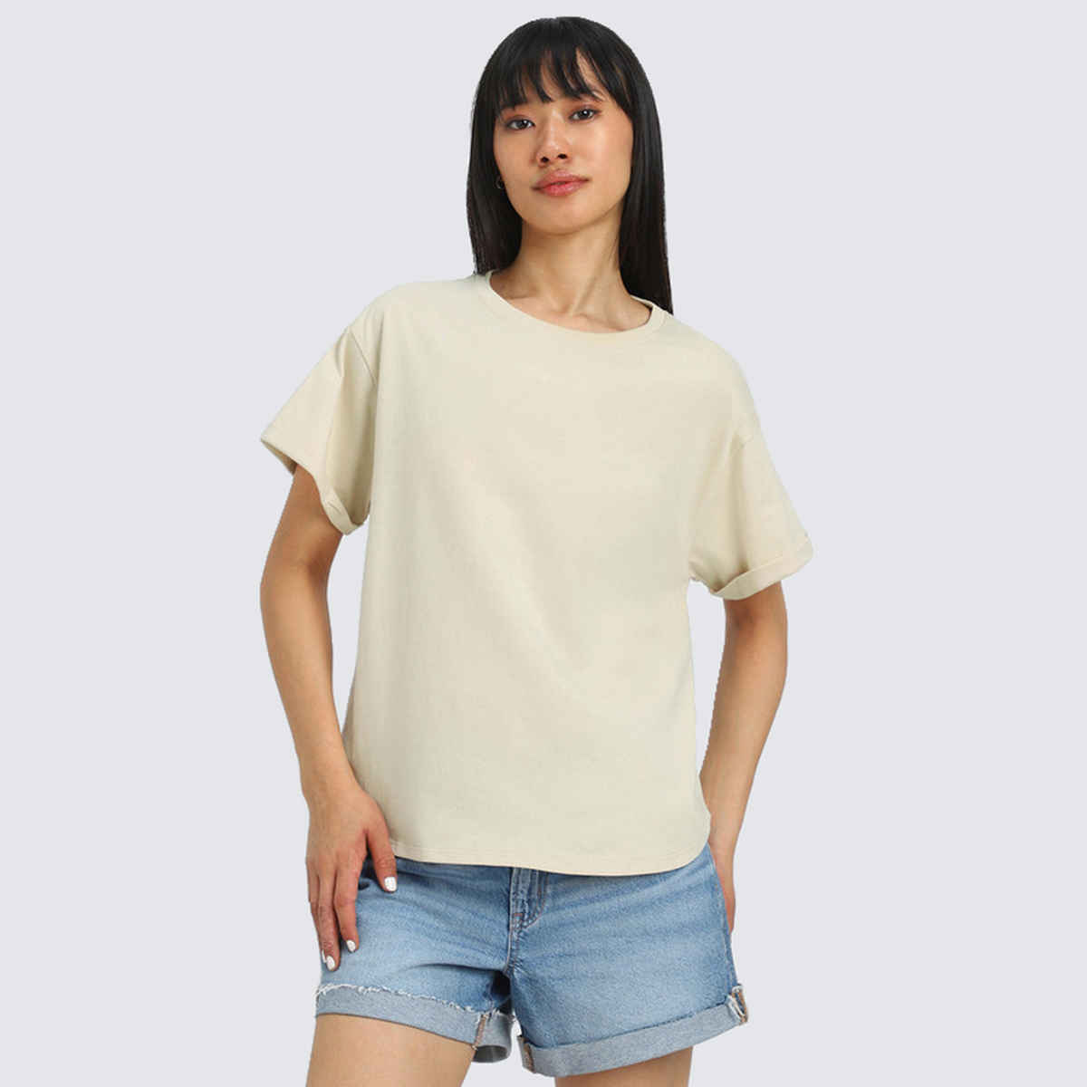 Juneberry Women's Oversized Fit Boyfriend T-shirt | Beige - L