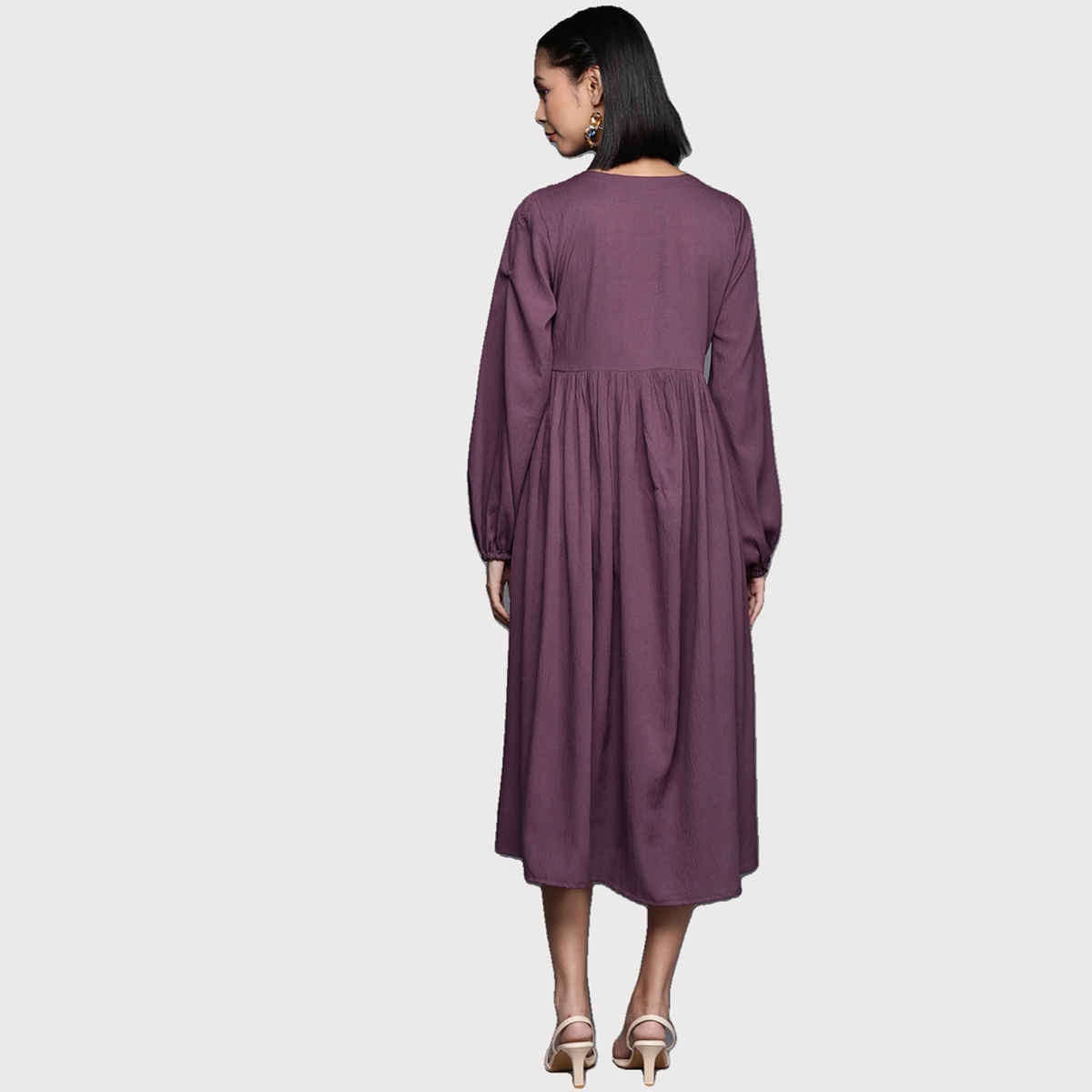 Varanga WoMen's V-Neck Bishop Sleeves Gathered Calf Length A-Line Dress with Flared Hem | Mauve - M