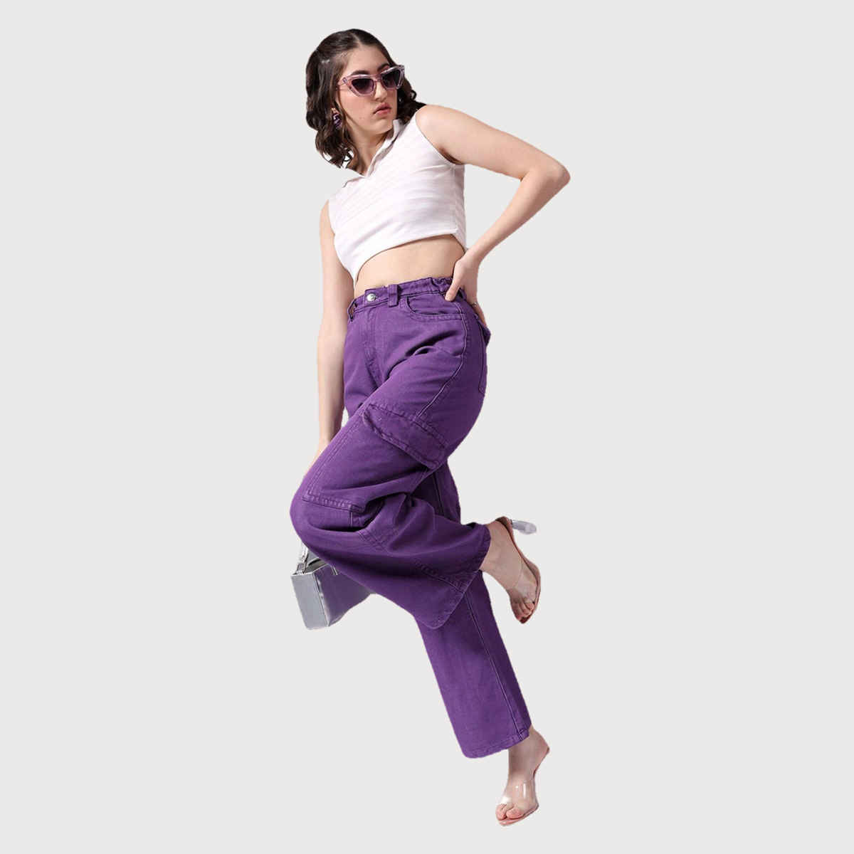 Freehand Women's Overdyed Baggy Cargo Denim With Flap Pocket Jeans | Purple - 30