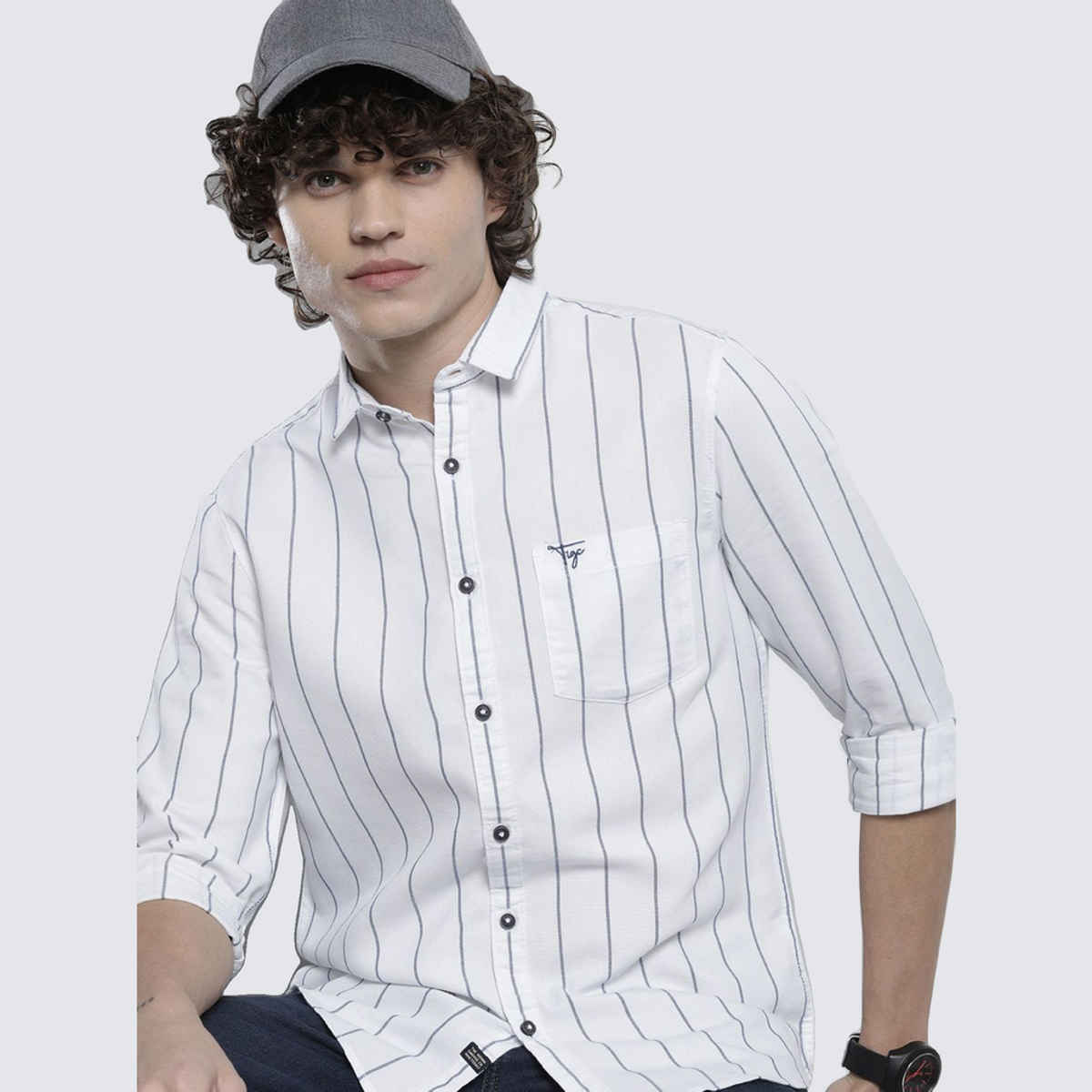 The Indian Garage Co Men's Regular Fit Striped Casual | White | L