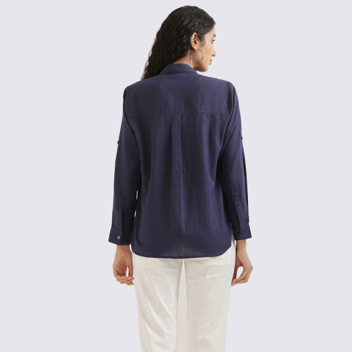 Saadaa Women's Airy Solid Linen Shirt | Navy Blue - M