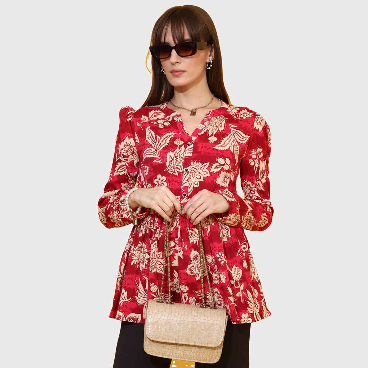 Sheetal Women's Floral Printed Mandarin Collar Peplum Crepe Top | 5204 | Red - XL