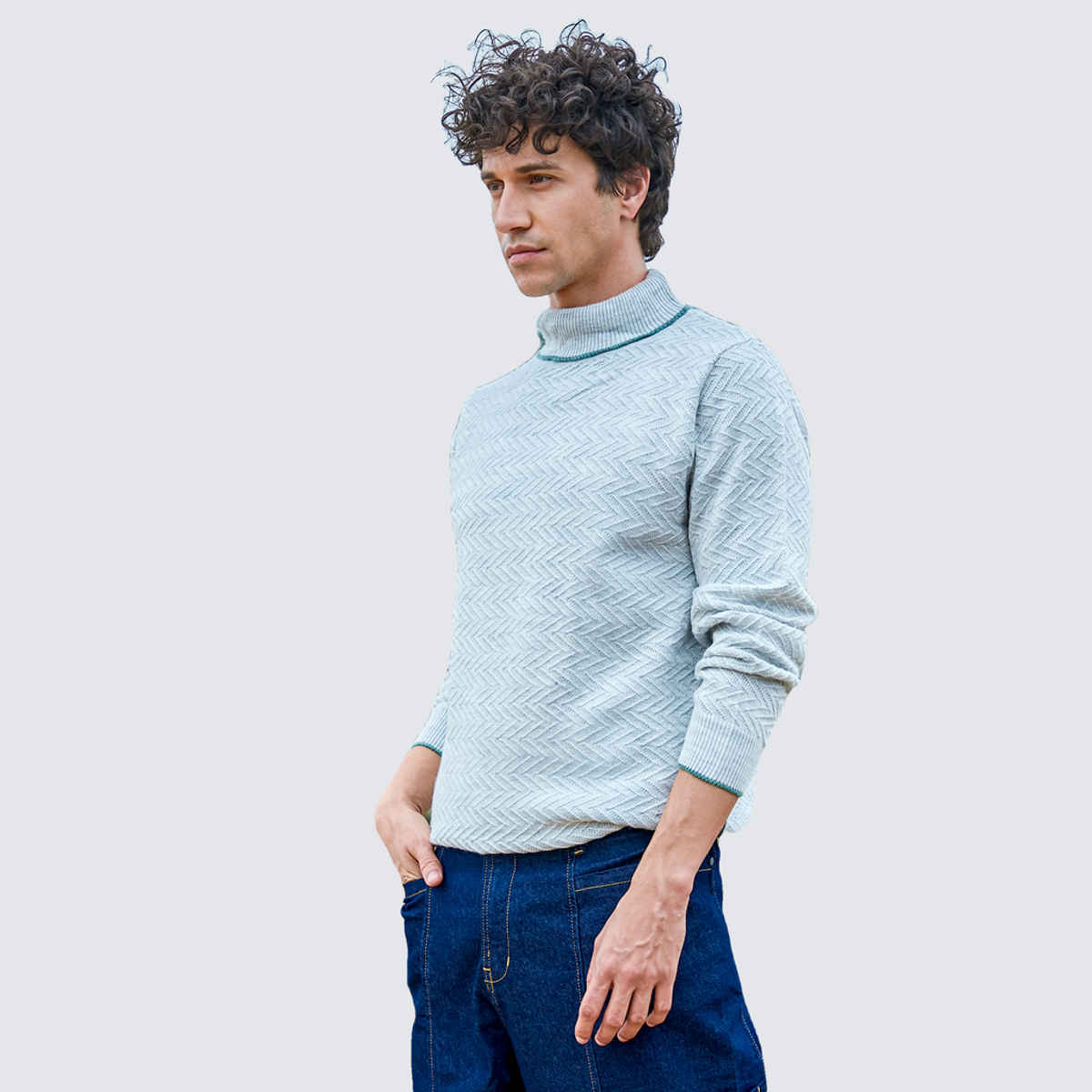 Campus Sutra Men's Herringbone Textured Pullover Sweater | Light Grey - S